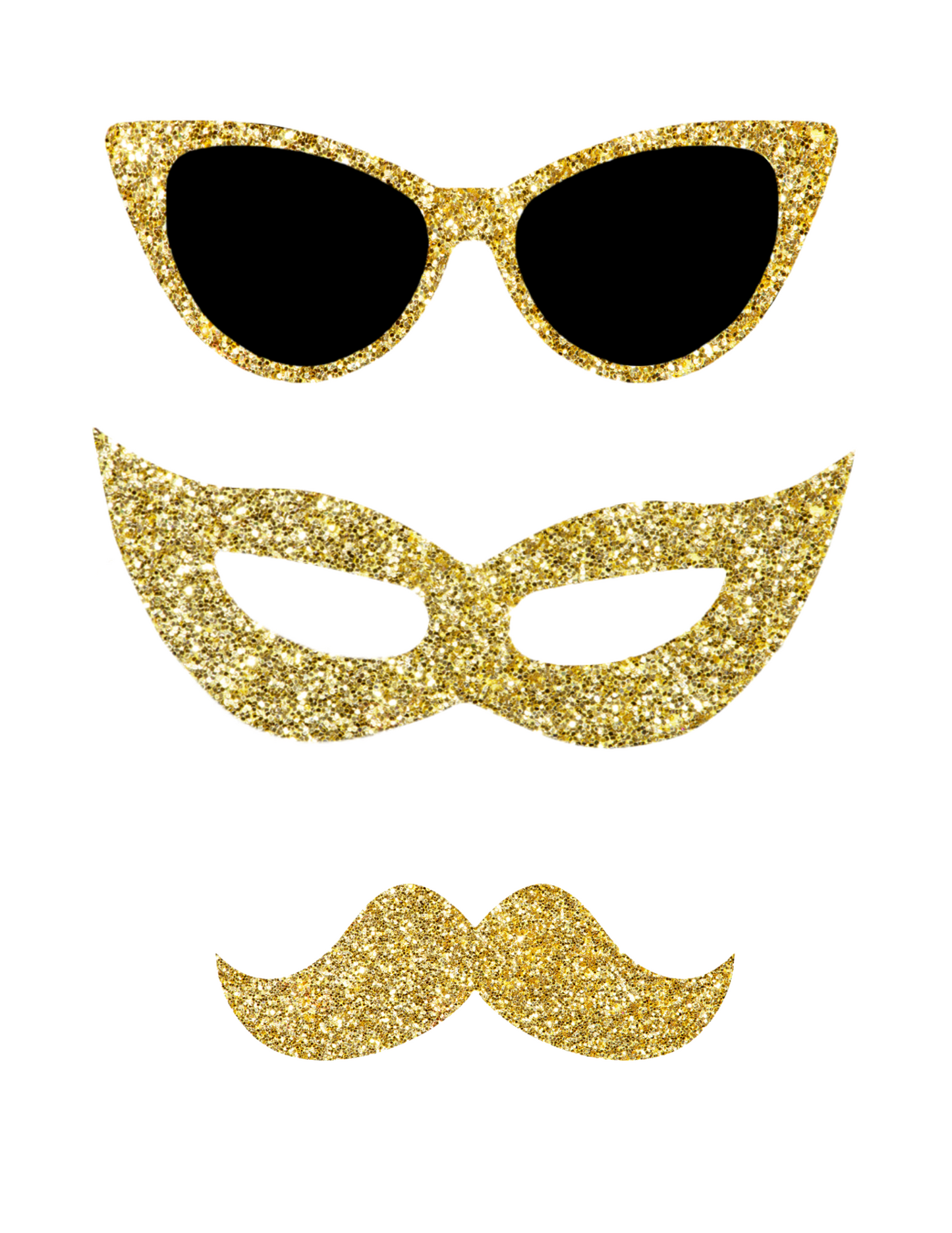 Wondermom Shop's New Year Photo Booth Props with gold glitter sunglasses, mask, and mustache on a white background are ideal for photo booth fun at your 2025 New Year’s Eve party.