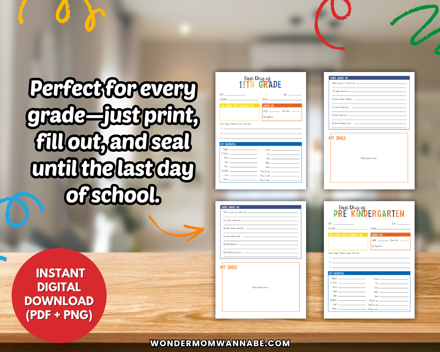 The School Time Capsule by Wondermom Shop features four printable "First Day" school interview sheets for various grades—a perfect school year keepsake and instant digital download.
