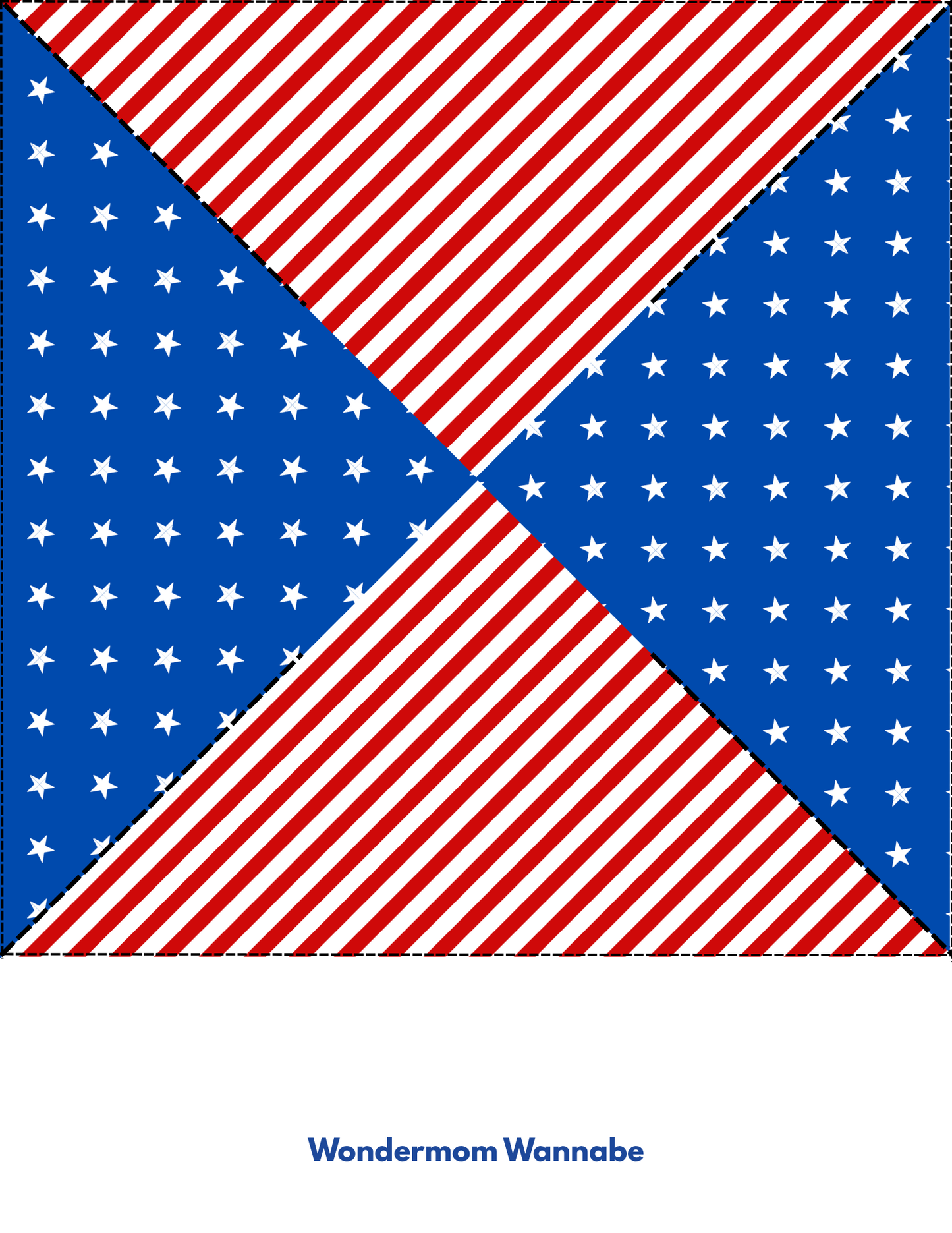 The Easy 4th of July Pinwheel Craft for Kids from Wondermom Shop features red and white diagonal stripes, blue triangles with stars, and "Wondermom Wannabe" text—perfect for patriotic activities or printable DIY pinwheels.