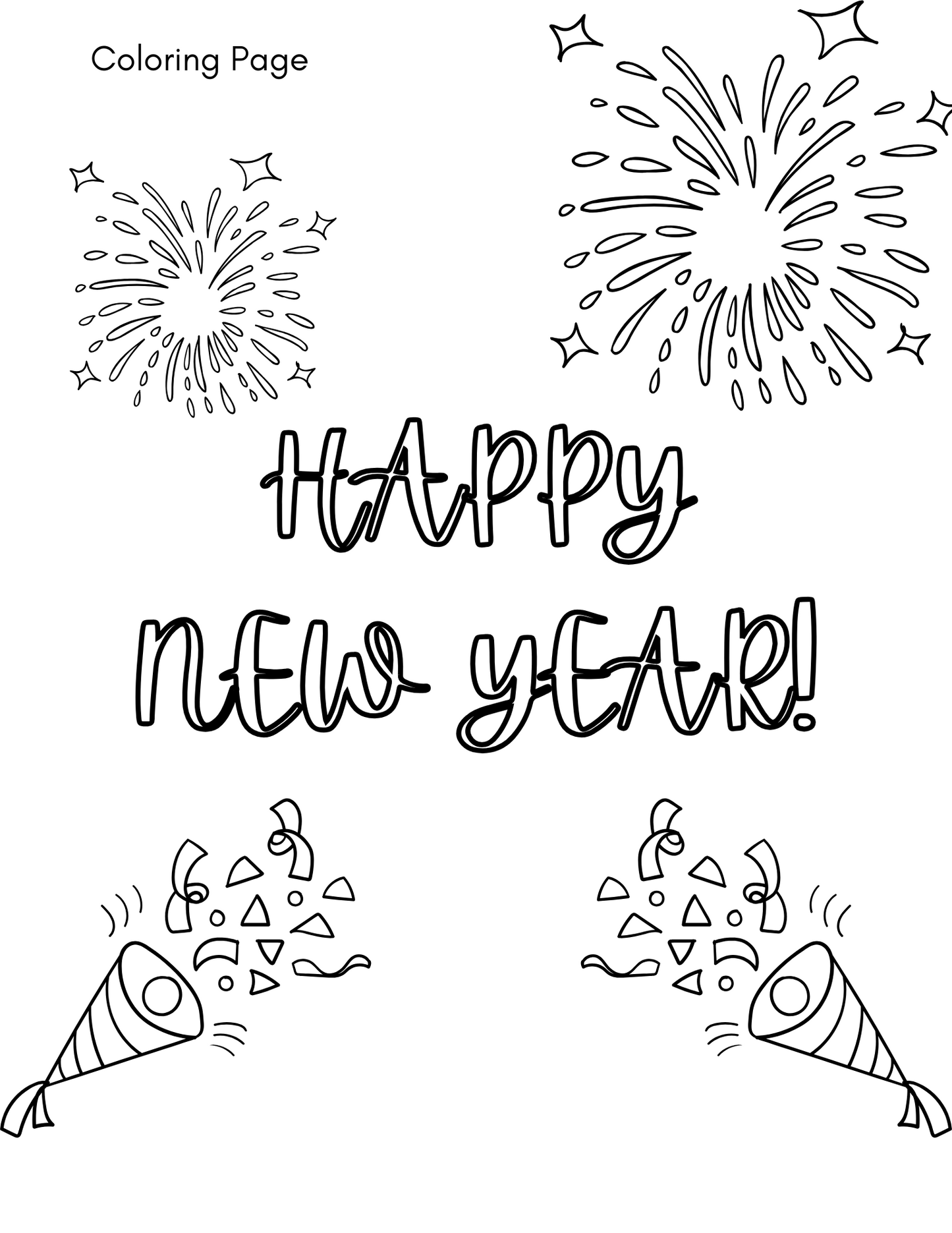 Celebrate the New Year with Wondermom Shop's Kid’s New Year’s Eve Pack, featuring a festive coloring page of fireworks and party poppers.