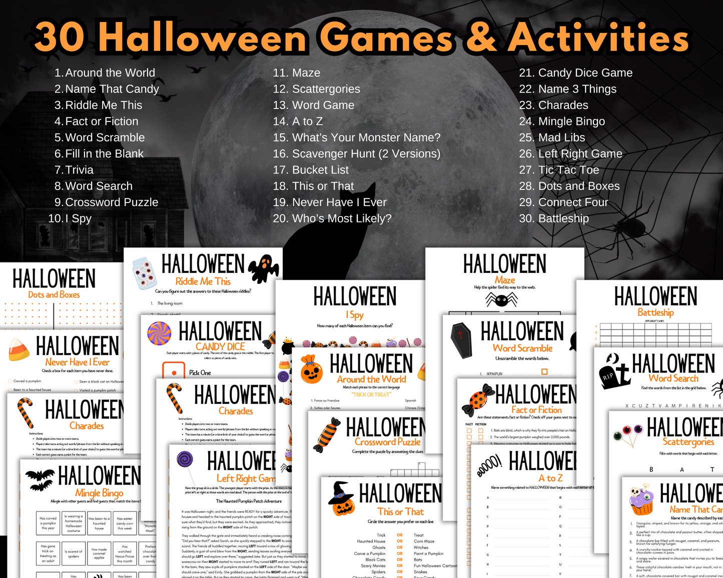 Introducing the Ultimate Printable Halloween Game Pack by Wondermom Shop, showcasing a collection of spooky fun activities including charades, scavenger hunts, and word scrambles. The top feature highlights a list of 30 thrilling games and activities.