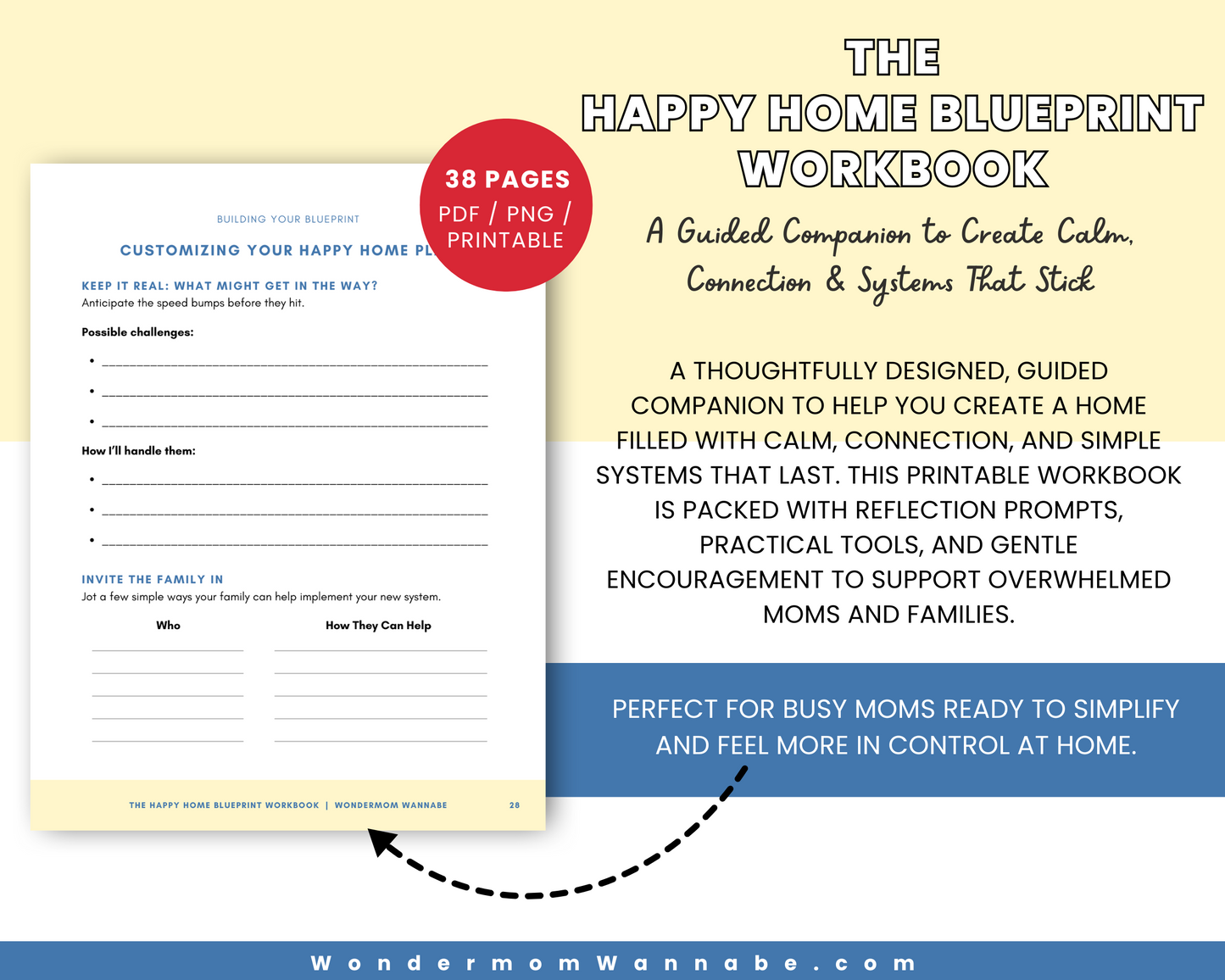 A promotional image for Wondermom Shop’s “The Happy Home Blueprint Workbook: Printable Tools to Simplify Your Home Life,” featuring habit trackers and family system tools—ideal for busy moms. Includes a workbook page preview.