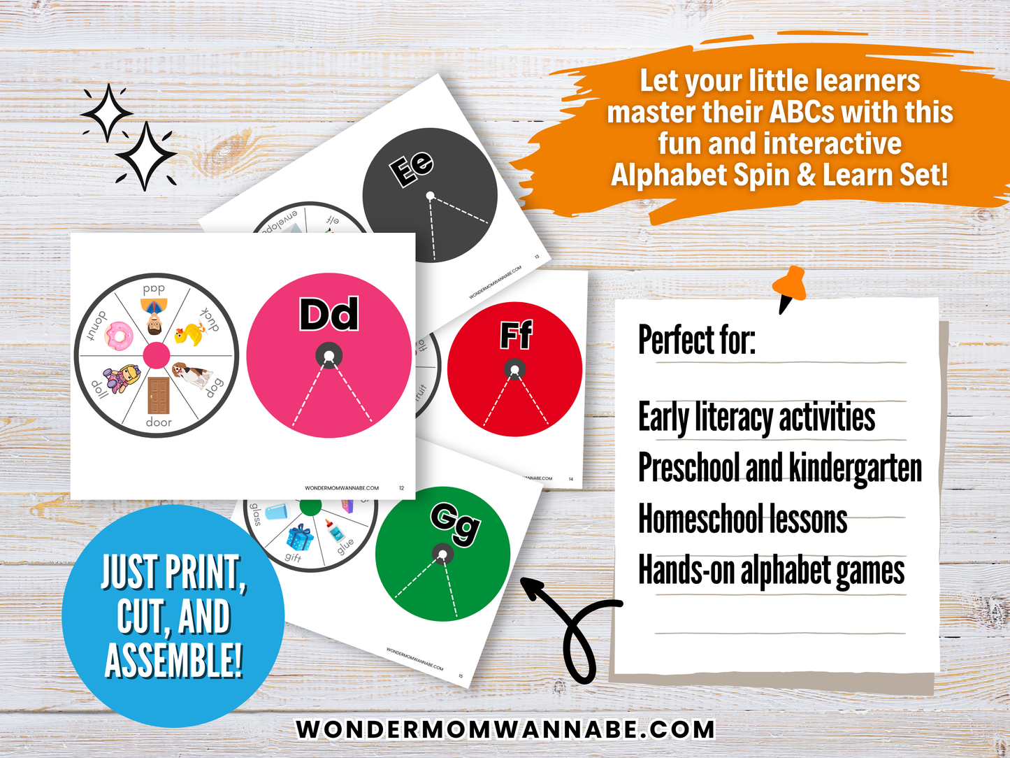Wondermom Shop’s Alphabet Spin & Learn – Printable Letter Spinners is a colorful, engaging set with spinners and example cards that helps preschool and kindergarten kids build early literacy and letter recognition skills.