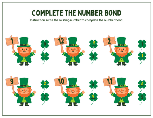 Leprechauns with numbered signs stand by number bonds amid shamrocks in this interactive educational page by Wondermom Shop. The St. Patrick’s Day Activity Pages include numbers like 1, 12, and 4, ideal for preschool learning printables or festive activities to enchant young minds.
