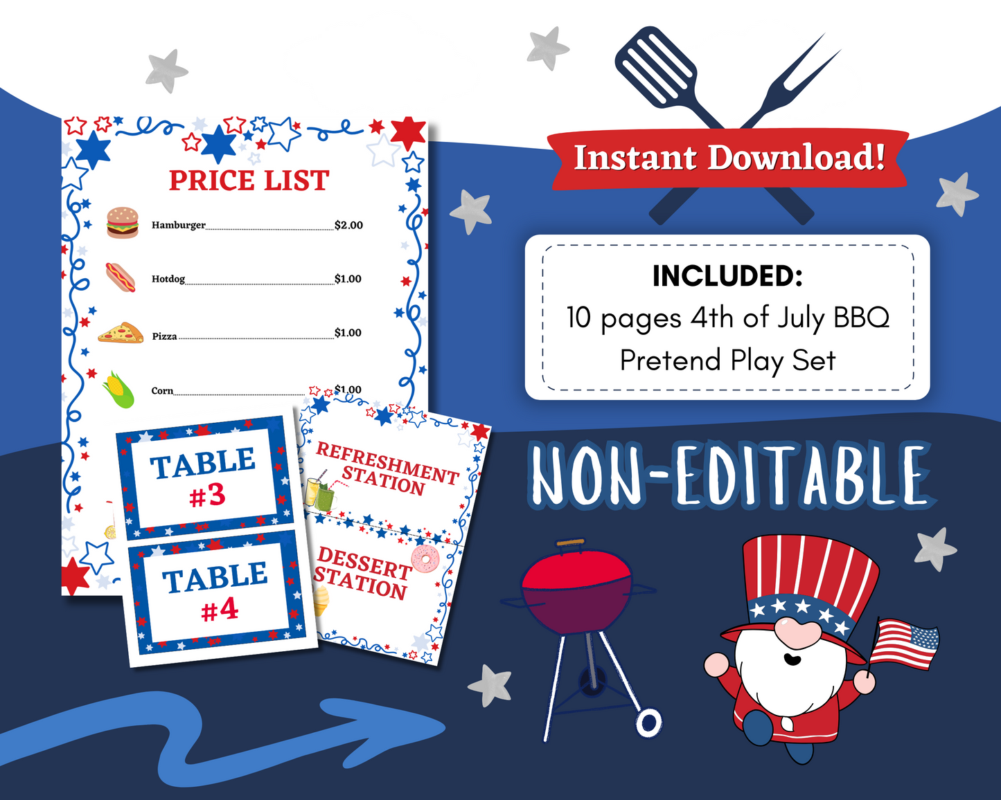 Ignite imaginative play with Wondermom Shop's 4th of July BBQ Pretend Play Set, including a price list, table cards, station signs, and a patriotic gnome. Instant Download and Non-Editable for your convenience.