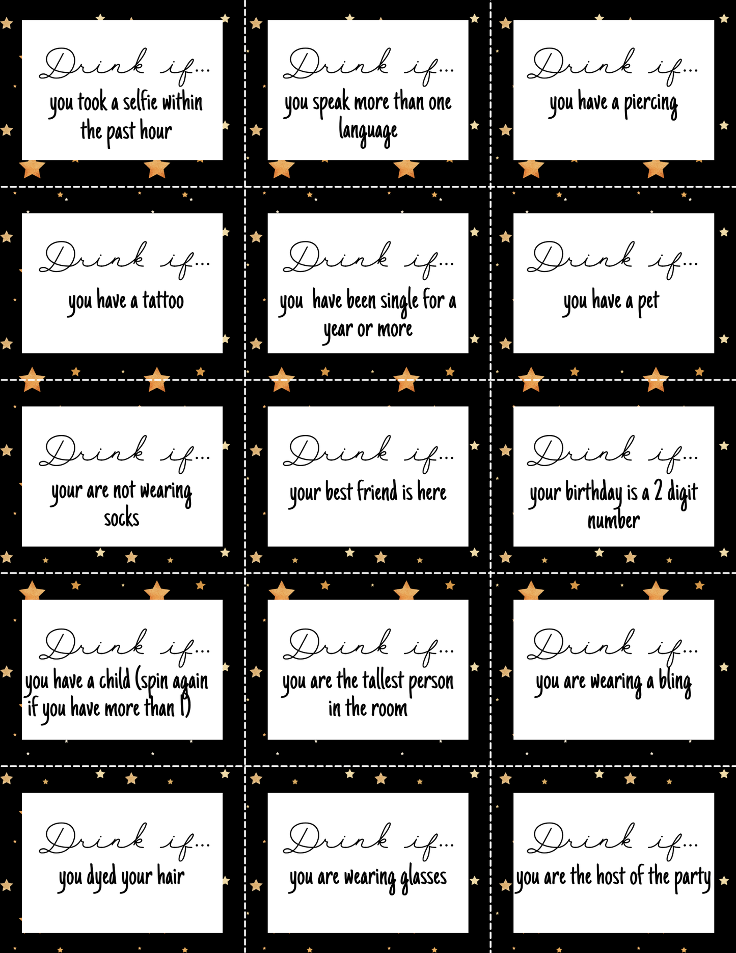 The New Year Drink If Game by Wondermom Printables offers a grid of cards with "Drink if..." prompts, such as having a tattoo or wearing glasses. The game’s black backgrounds with star designs create an ideal fun-filled activity for your New Year's celebration.