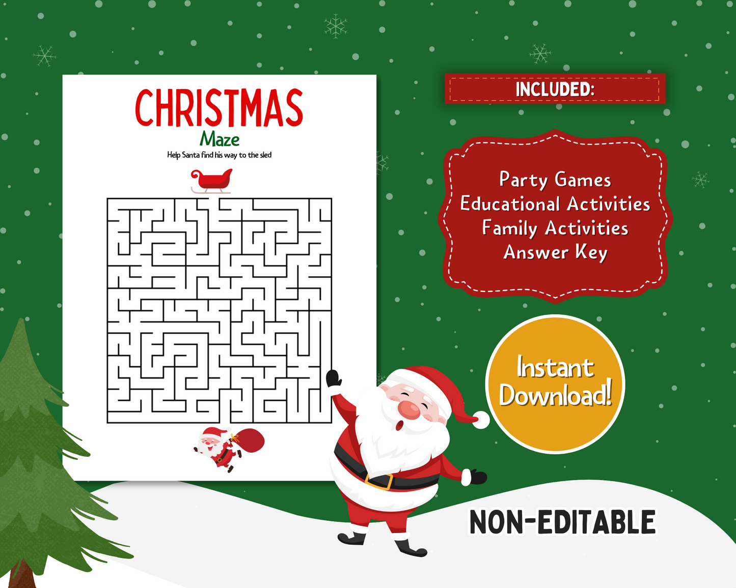 Discover the Ultimate Printable Christmas Game Pack from Wondermom Shop, complete with a festive Santa maze puzzle. Enjoy holiday games and activities, educational fun, and family-friendly challenges. Instantly download this non-editable set featuring a snowy backdrop with trees. Answer key included!