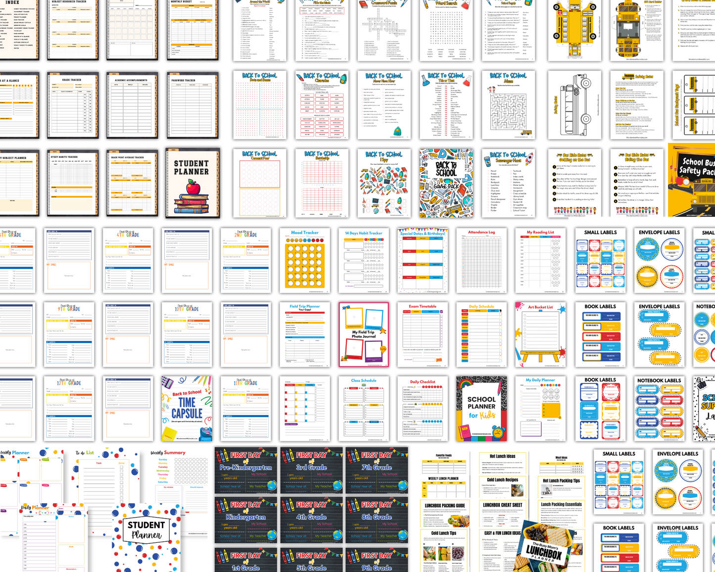The Ultimate Back-to-School Bundle for Busy Moms by Wondermom Shop features printable planners, charts, worksheets, schedules, labels, and colorful templates—all arranged in a convenient grid layout.