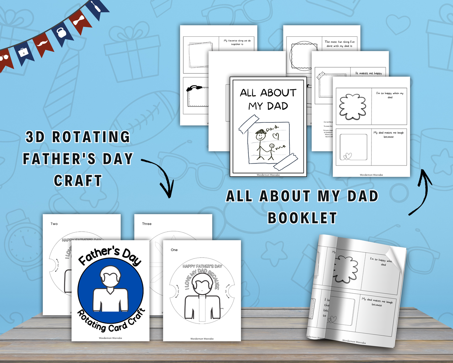 The Ultimate Father’s Day Printable Bundle from Wondermom Shop features cards, crafts, labels, and a gift bag kit—ideal for keepsakes. Displayed are a 3D rotating craft, “All About My Dad” booklet, and cards on a wooden table with a blue background.