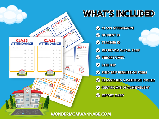 The Wondermom Shop’s Bright Minds Academy Printable Pretend Play School Kit for Kids features sample images of attendance sheets, ID cards, passes, forms, certificates, and report cards on a school-themed background—ideal for early learning fun.