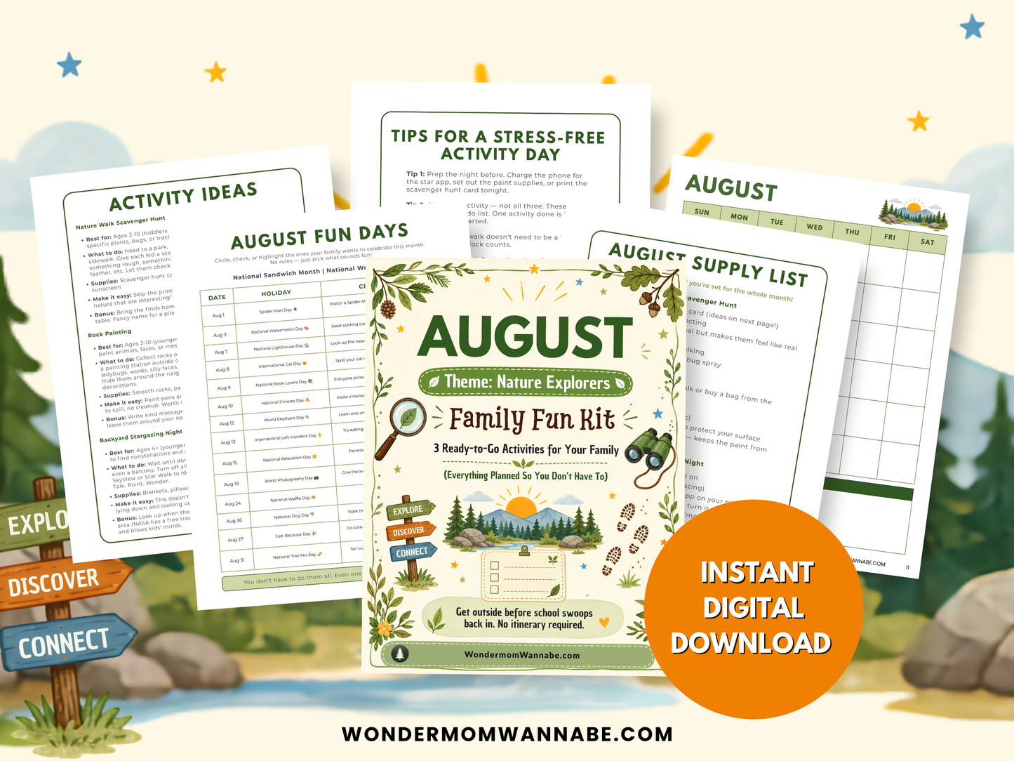 Complete preview of the August Family Fun Kit digital download with printable activity ideas, planner, calendar, supply list, and family guide.