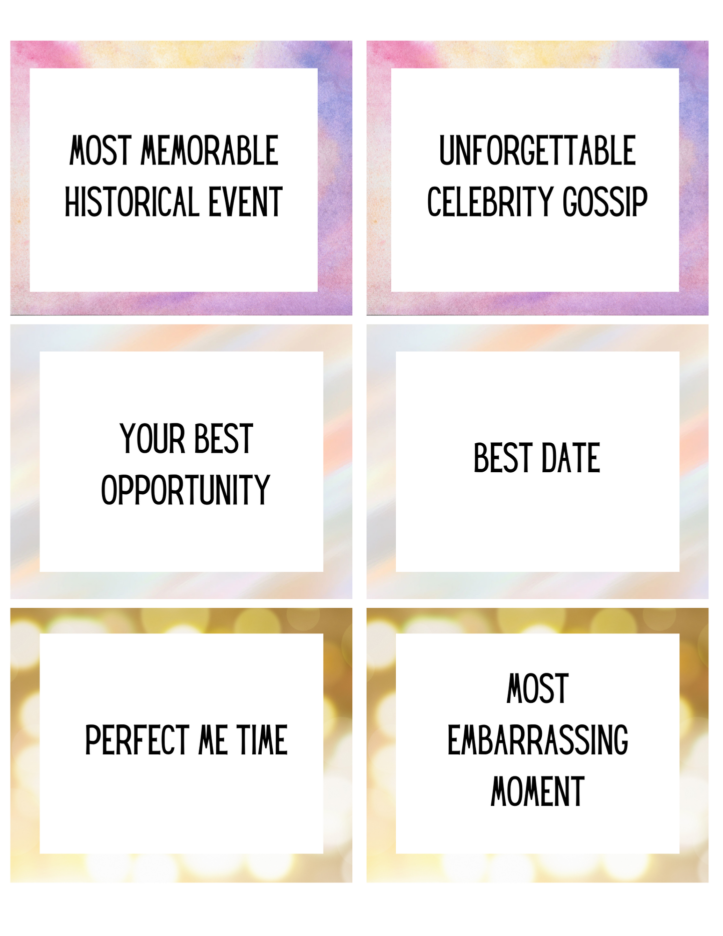 Explore meaningful conversations with Wondermom Shop's Best and Worst of the Year Card Game, featuring six boxes labeled: Most Memorable Historical Event, Unforgettable Celebrity Gossip, Your Best Opportunity, Best Date, Perfect Me Time, and Most Embarrassing Moment for endless fun.