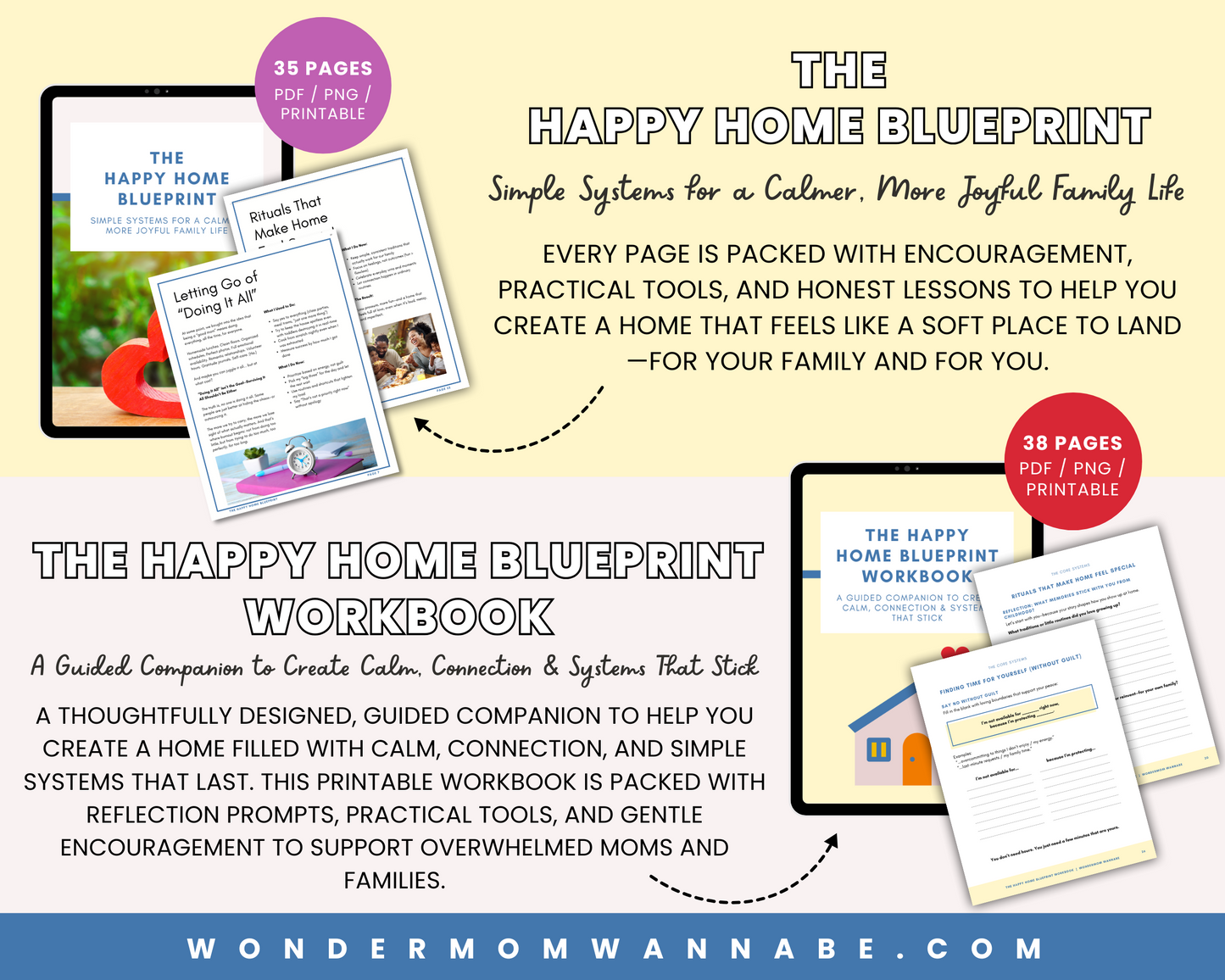 Image displays The Happy Home Blueprint Bundle: Book + Workbook Combo by Wondermom Shop, featuring total page counts, included PDF/PNG formats, and brief descriptions—all on a bright yellow and white background.