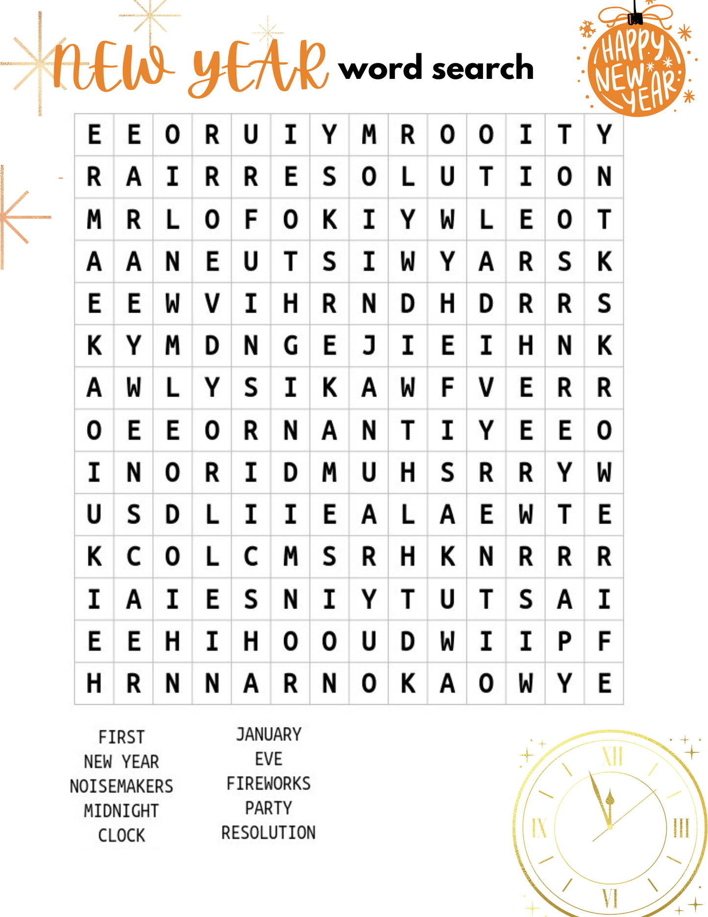 Explore the New Year-themed word search from Wondermom Shop's Kid’s New Year’s Eve Pack. Including words like "first," "noisemakers," and "resolution" with festive clock graphics, it's ideal for reflection and goal-setting as the new year begins!.