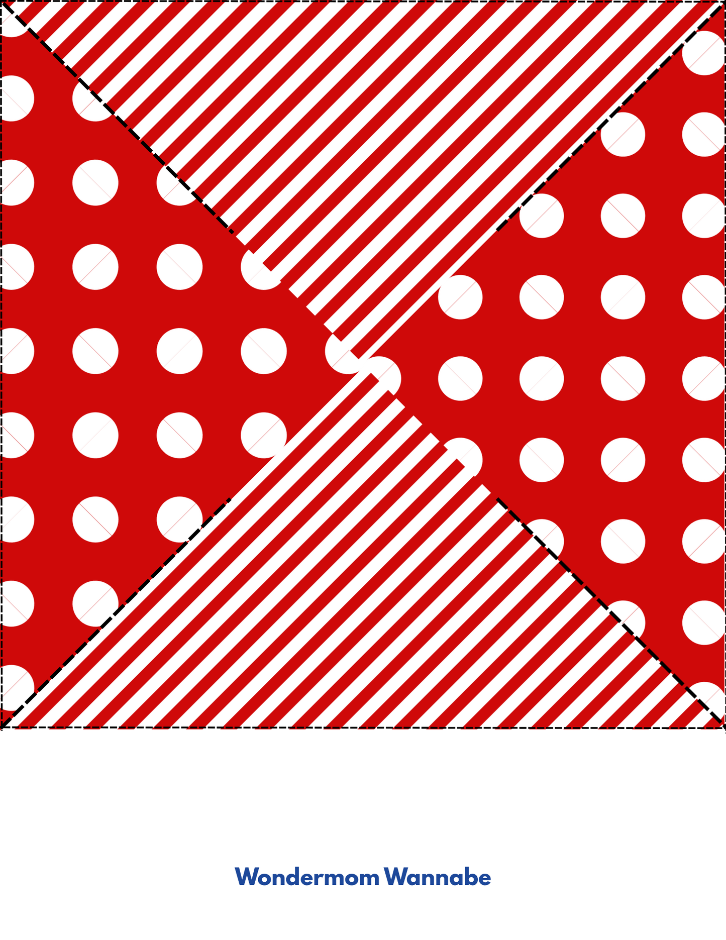 A red square split into four triangles—two with white polka dots, two with red and white stripes—ideal for patriotic crafts. "Wondermom Shop" easy 4th of July Pinwheel Craft for Kids. "Wondermom Wannabe" appears below.