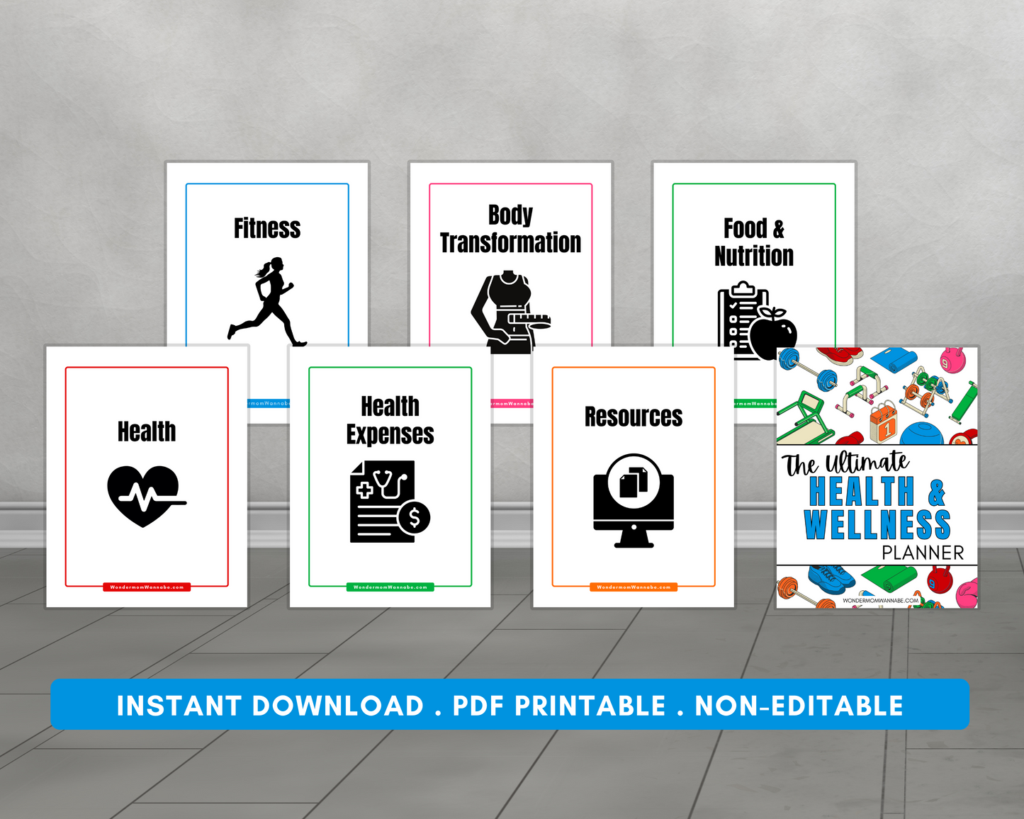 Wondermom Shop's Ultimate Health & Wellness Planner pages showcased on a wall include sections for fitness logs, body transformation, meal planning, health expenses, and resources.