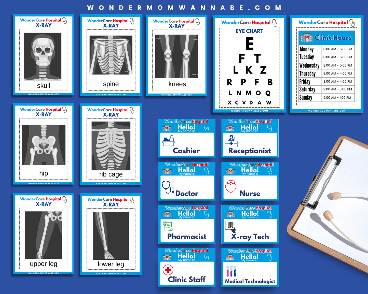 The Wondermom Shop Pretend Play Hospital Printable Kit for Kids includes X-rays, medical forms, staff badges, and more—everything needed for a fun WonderCare role play clinic.