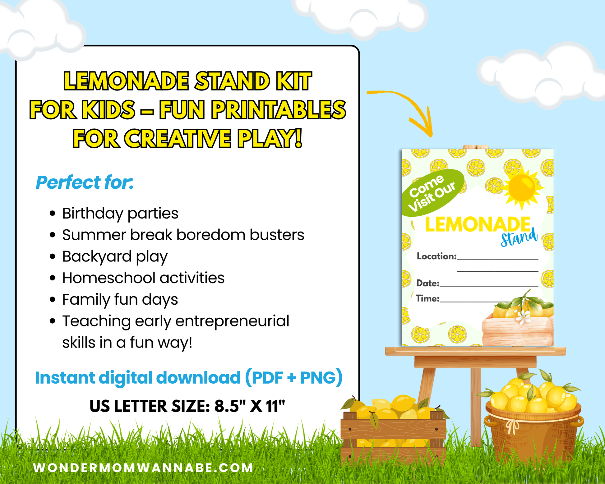 The Lemonade Stand Kit for Kids – Printable Pretend Play Fun! by Wondermom Shop includes a sign template and suggested uses on a summer-themed background with lemons, basket, and clouds—ideal for creative play or your own printable lemonade stand.