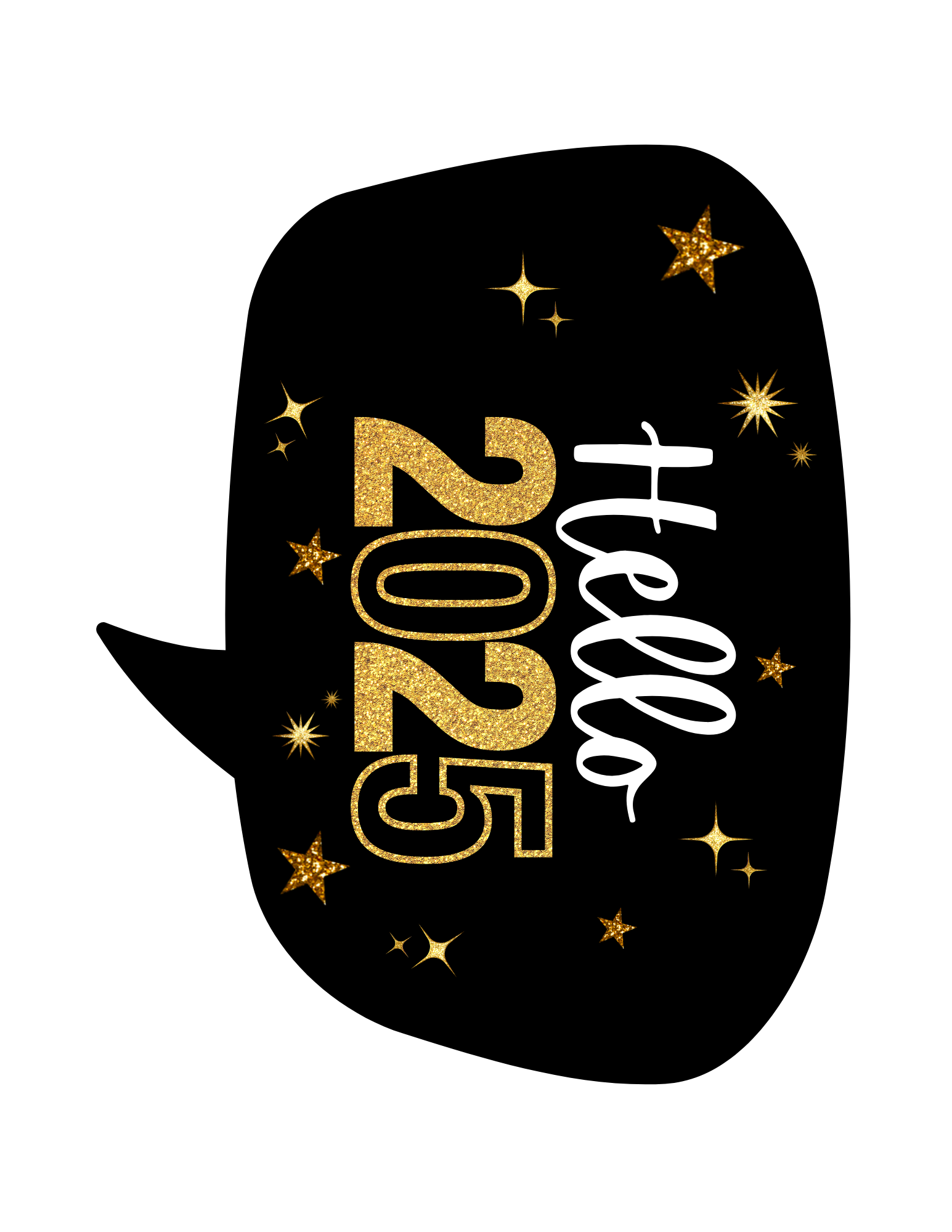Get ready for a thrilling New Year’s Eve with Wondermom Shop's New Year Photo Booth Props! This vibrant speech bubble, showcasing "Hello 2025" in white and glittery gold text, is surrounded by dazzling gold stars on a sleek black background. Perfect for capturing your 2025 celebrations!.