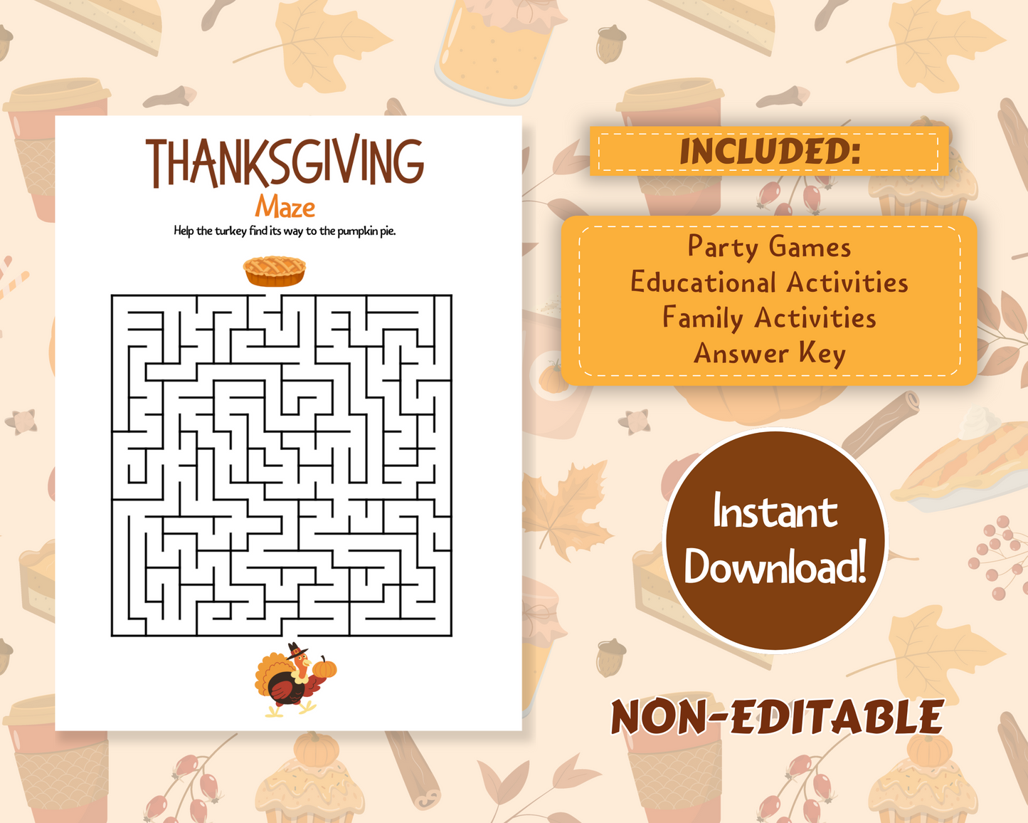 The Ultimate Printable Thanksgiving Game Pack by Wondermom Shop features a Thanksgiving-themed maze activity sheet where participants help a turkey find its way to a pumpkin pie. The pack also includes printable games, educational activities, family gathering activities, and an answer key.