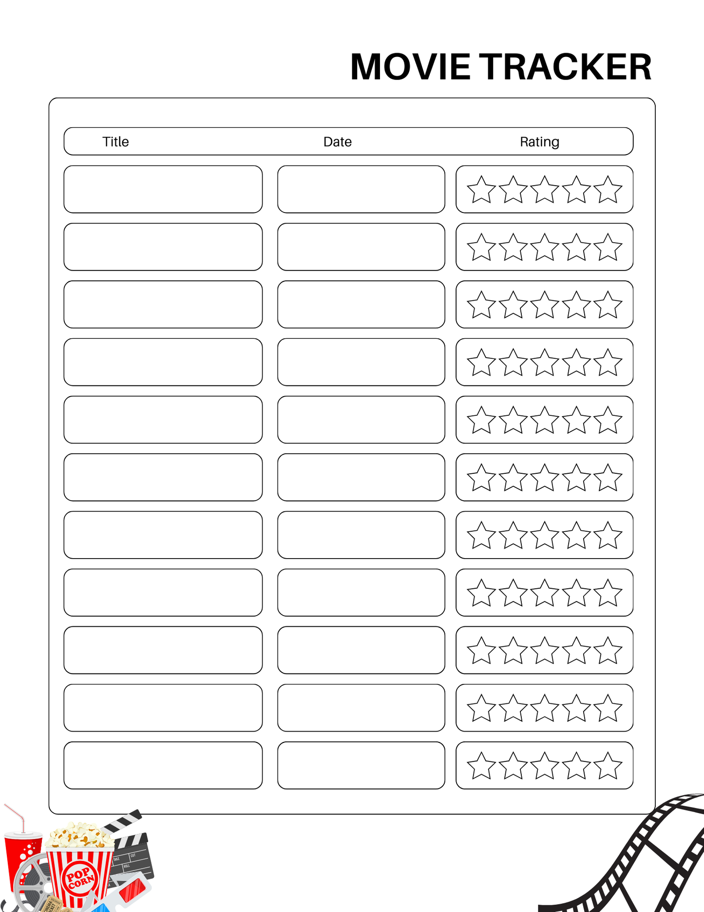VIP Vault's Movie Journal is perfect for logging and reviewing your family movie nights. It includes columns for title, date, and star ratings, with fun decorations of popcorn, a drink, clapperboard, and filmstrip in the bottom left corner—ideal for family bonding around favorite films!.