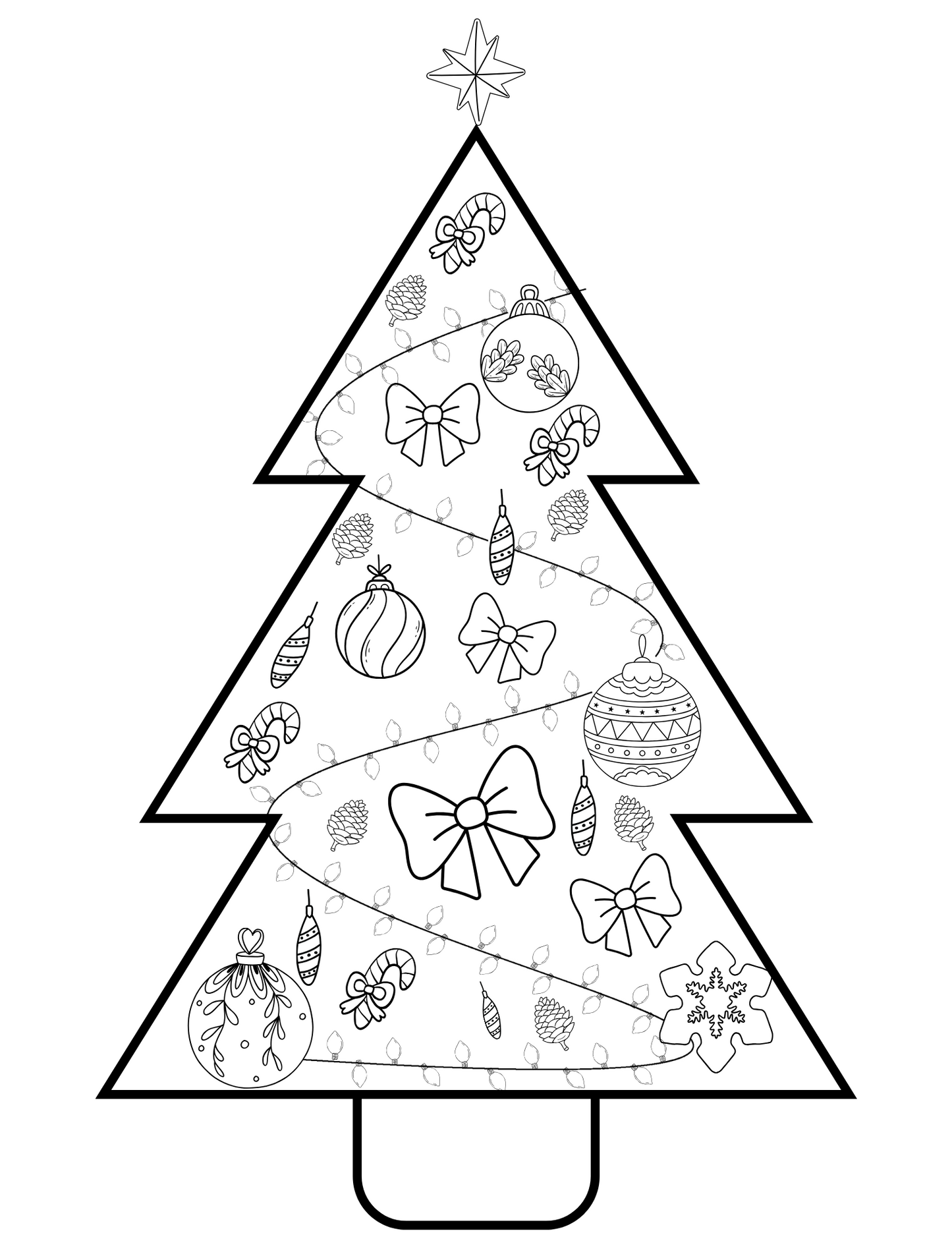A festive Christmas tree Christmas Coloring Page with ornaments on it. This printable Christmas Coloring Page is perfect for the holiday season from Wondermom Shop.