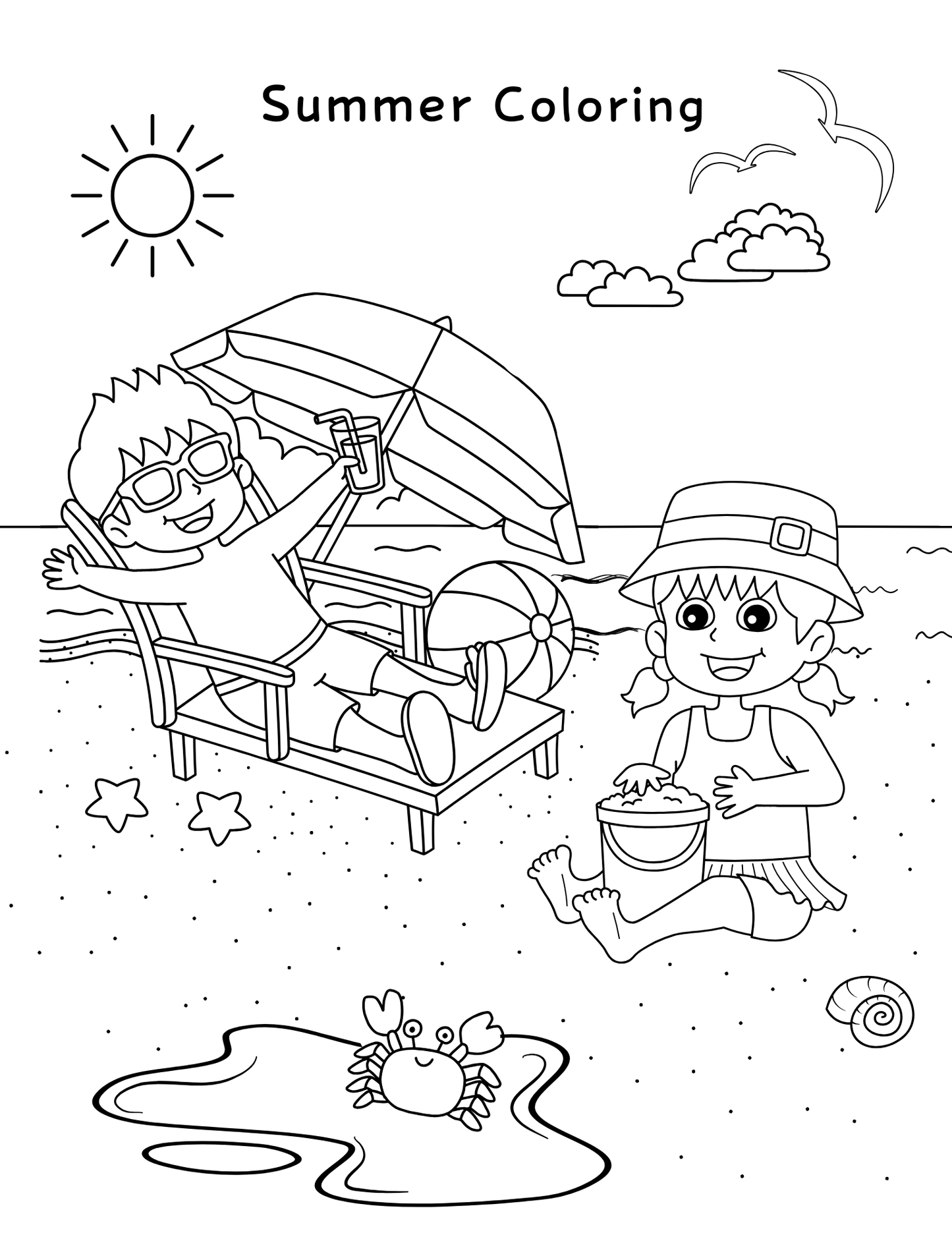 Two kids enjoy the beach—one sips a drink under an umbrella, the other builds a sandcastle. Capture this summer fun with the Printable Summer Activity Book by Wondermom Shop—an instant download and screen-free activity for kids!.