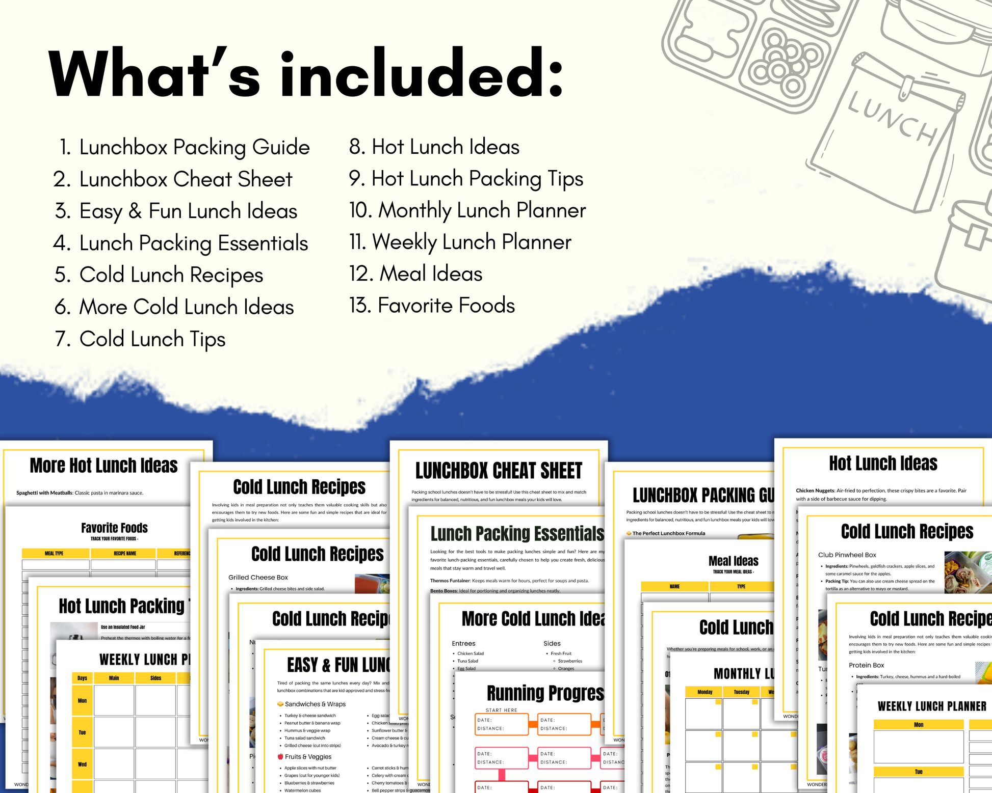 Explore the Busy Mom's Lunchbox Planner from Wondermom Shop, offering a diverse collection of lunch packing guides, essential cheat sheets, savvy meal prep tips, recipe lists, and versatile planners in multiple formats.