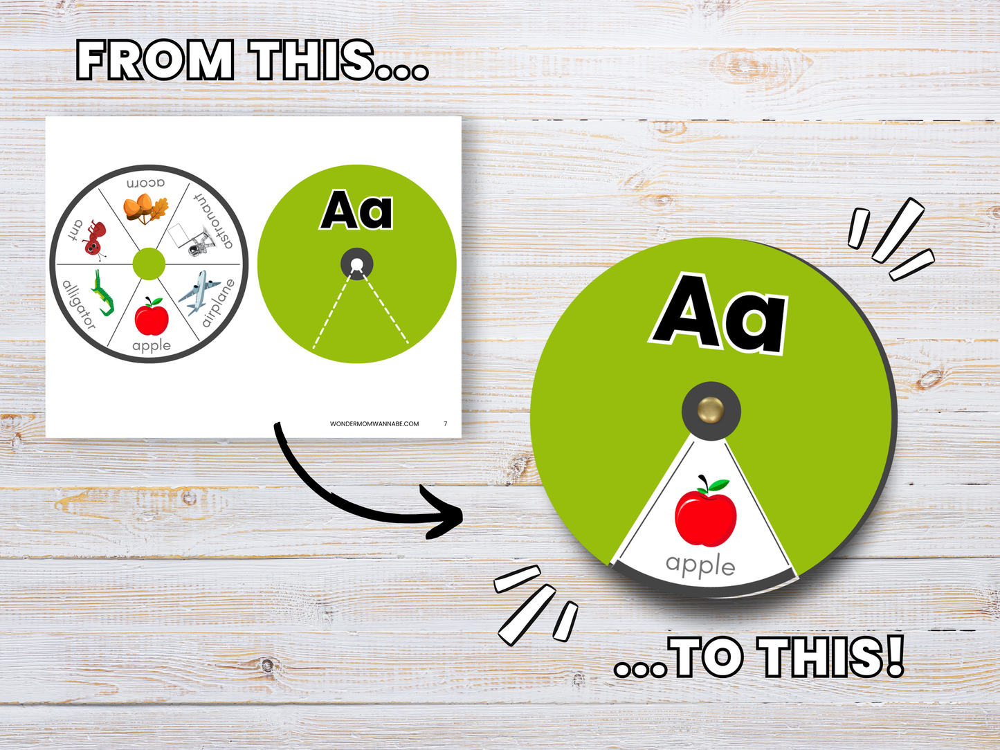 The Alphabet Spin & Learn – Printable Letter Spinners by Wondermom Shop includes a worksheet and completed spinner, showing the letter "A" and an apple image for fun and engaging letter recognition activities.
