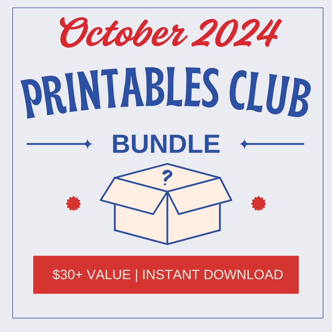 Graphic for Wondermom Shop’s "October 2024 Printables Club Bundle," a seasonal set with Halloween activities. Features a box illustration and text: "$30+ value | instant download." Perfect addition to your printable collection!.