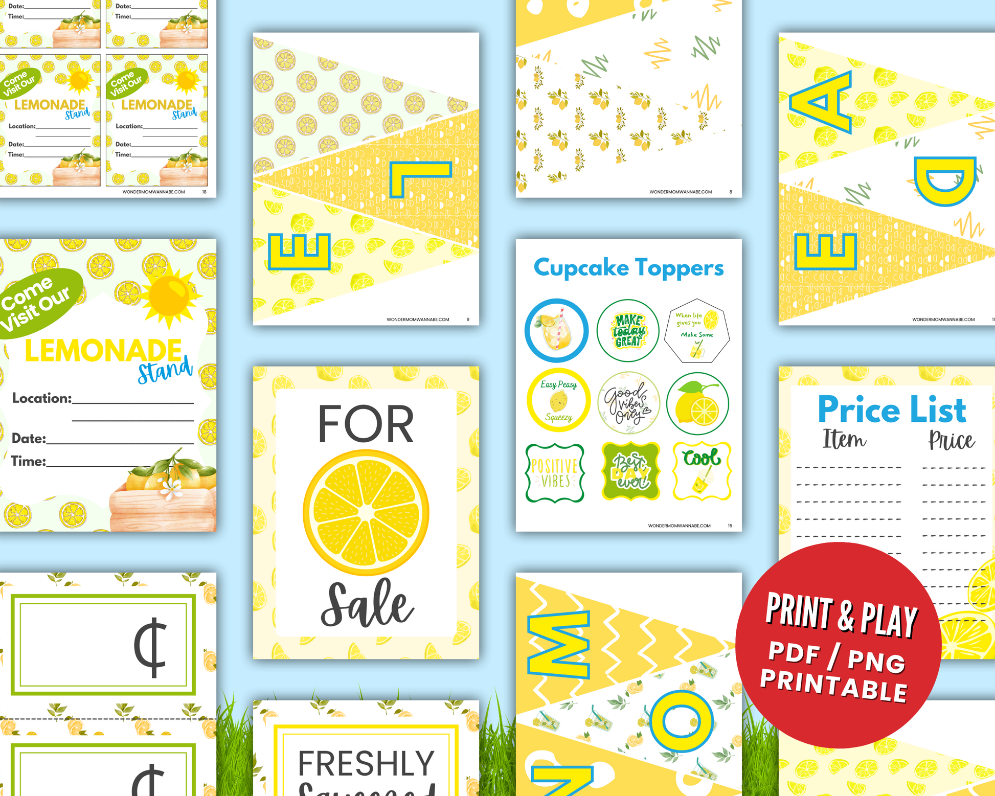 The Wondermom Shop Lemonade Stand Kit for Kids – Printable Pretend Play Fun! includes signs, price lists, cupcake toppers, and labels in yellow and green with lemon designs—perfect for pretend play or your next printable lemonade stand.