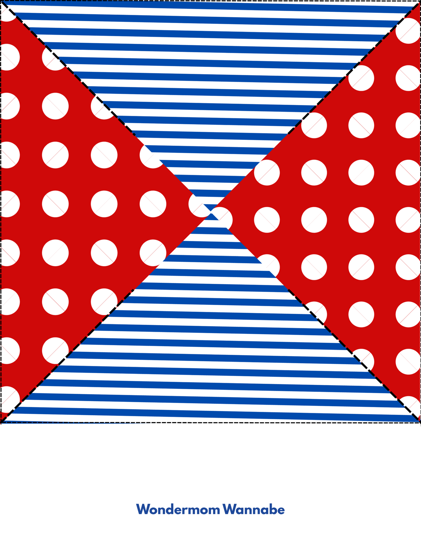 A geometric design with blue and white stripes and red triangles with white polka dots, inspired by the Easy 4th of July Pinwheel Craft for Kids from Wondermom Shop; text below reads "Wondermom Shop.