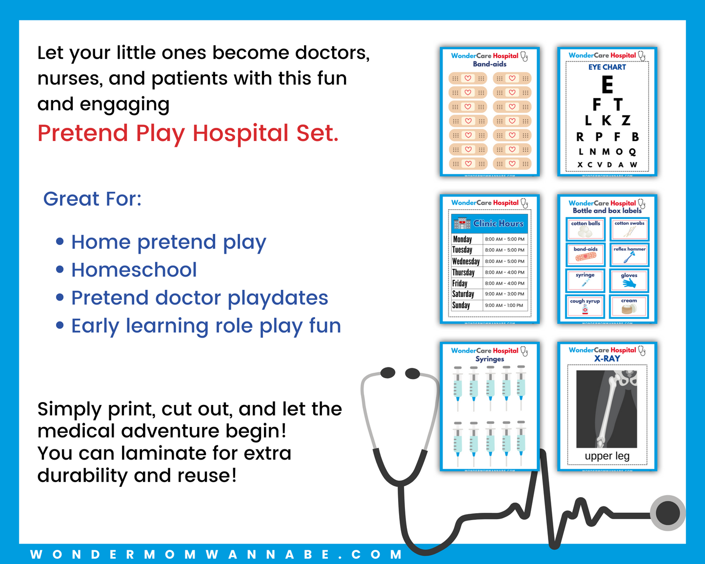 Wondermom Shop’s Pretend Play Hospital Printable Kit for Kids, the WonderCare Role Play Set, includes X-rays, medical forms, staff badges & more—perfect for home, homeschool, or early learning dramatic play printables and role play fun.