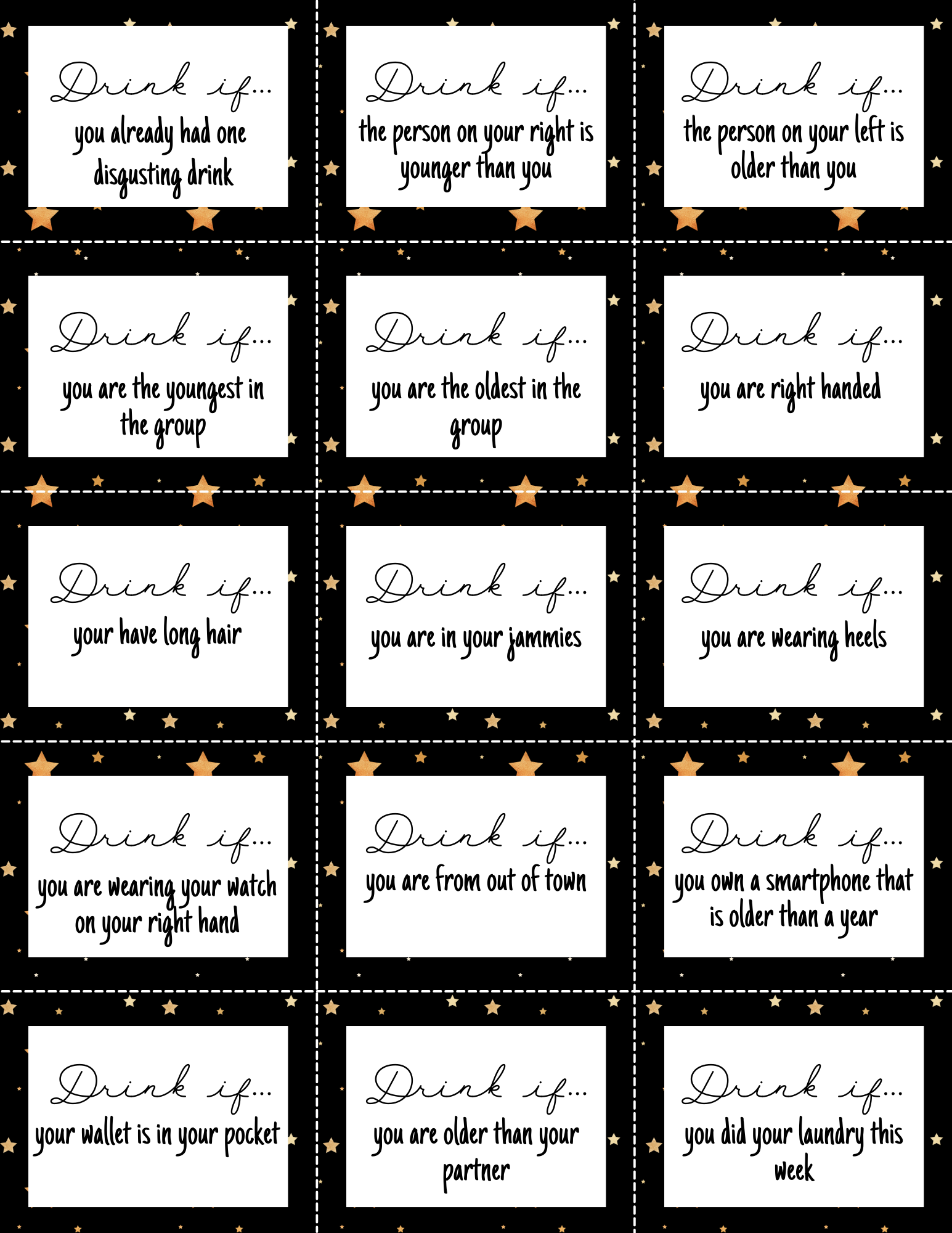 The "New Year Drink If Game" by Wondermom Printables features 16 cards with black backgrounds and star decorations, offering unique drinking prompts based on age, clothing, or possessions for a lively New Year's celebration.