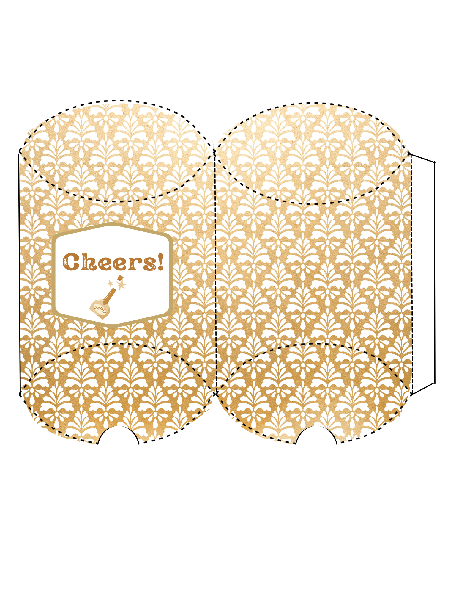 A festive gold and white patterned holder from Wondermom Printables, featuring a "Cheers!" text and champagne bottle graphic, perfect for carrying New Year Treat Boxes filled with goodies.