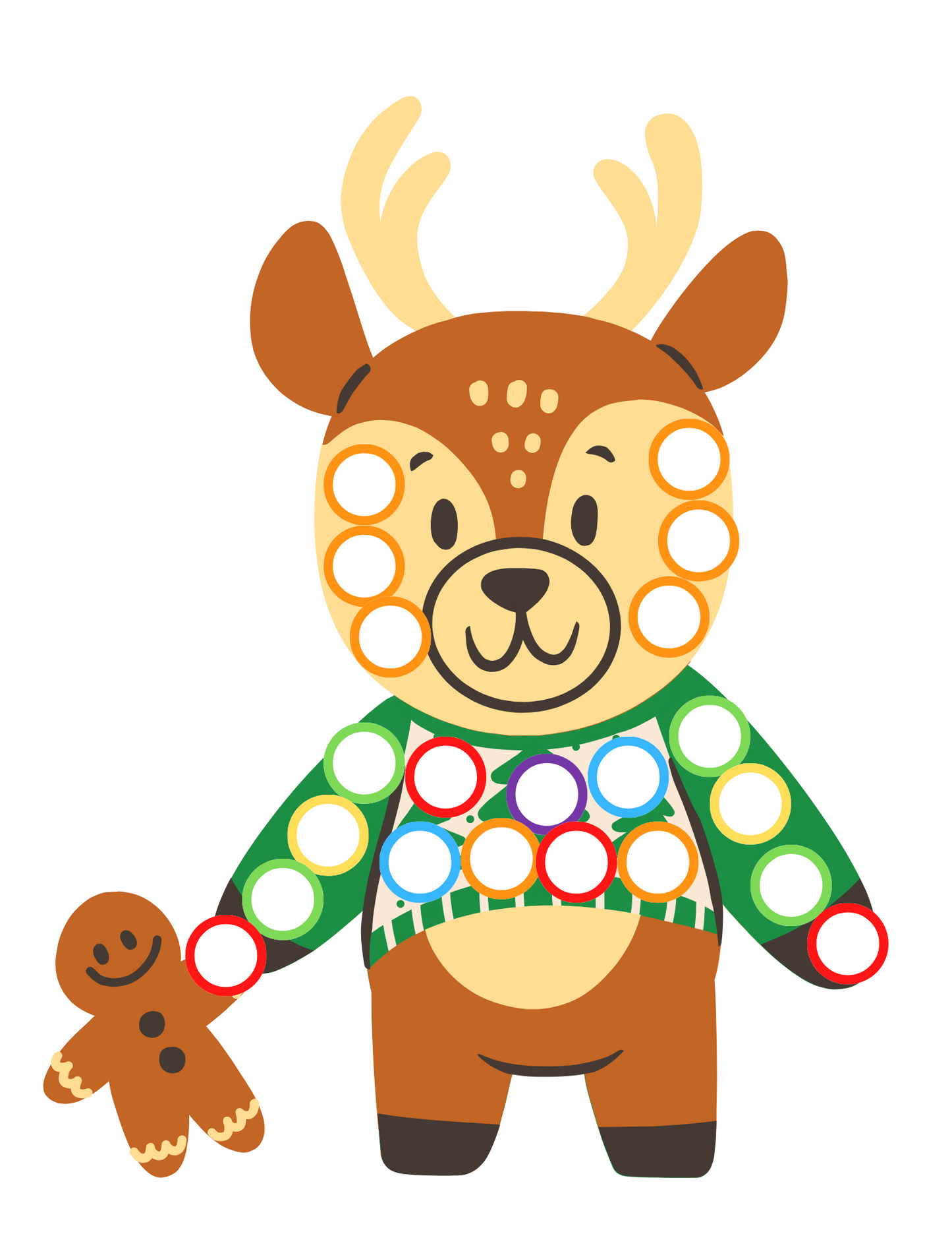 A reindeer wearing a Christmas sweater holds onto a holiday-themed gingerbread cookie, adding to the festive fun of the Wondermom Shop Christmas Roll and Color Dice Game.