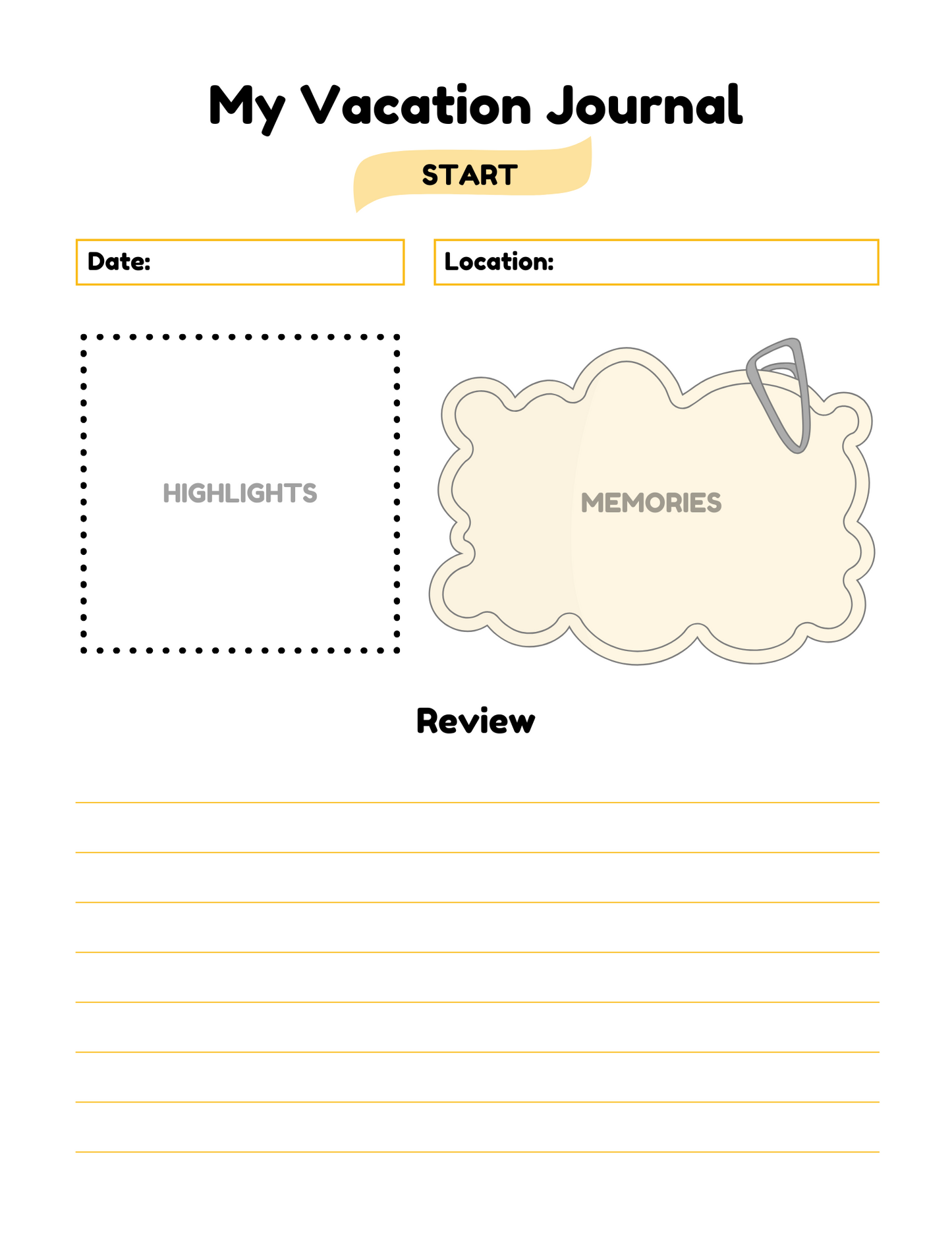 Capture vacation memories in style with the Wondermom Shop’s Travel Journal for Kids—an easy, fun printable PDF to record date, location, highlights, memories, and reviews. Black and yellow accents make it a perfect keepsake!.
