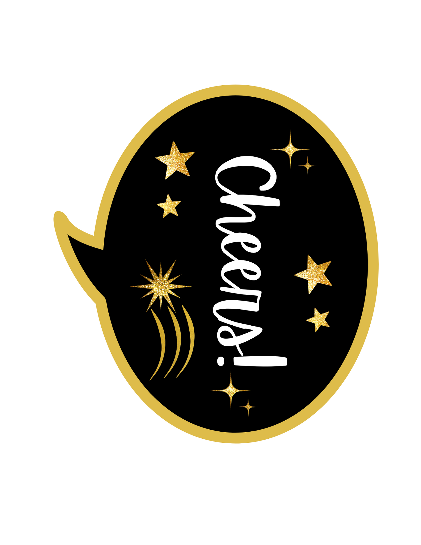 The Wondermom Shop New Year Photo Booth Props feature a black speech bubble with gold stars and "Cheers!" in white, adorned with golden accents—ideal for 2025 celebrations.