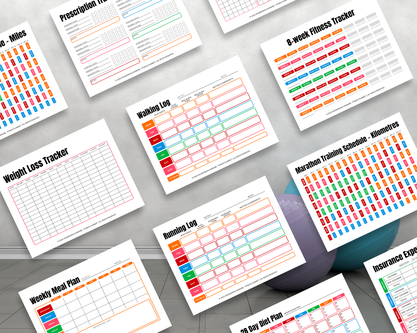 The Ultimate Health & Wellness Planner by Wondermom Shop features colorful fitness and health tracking sheets, including a prescription tracker, habit trackers, meal plans, and exercise logs, all displayed on a gray background.
