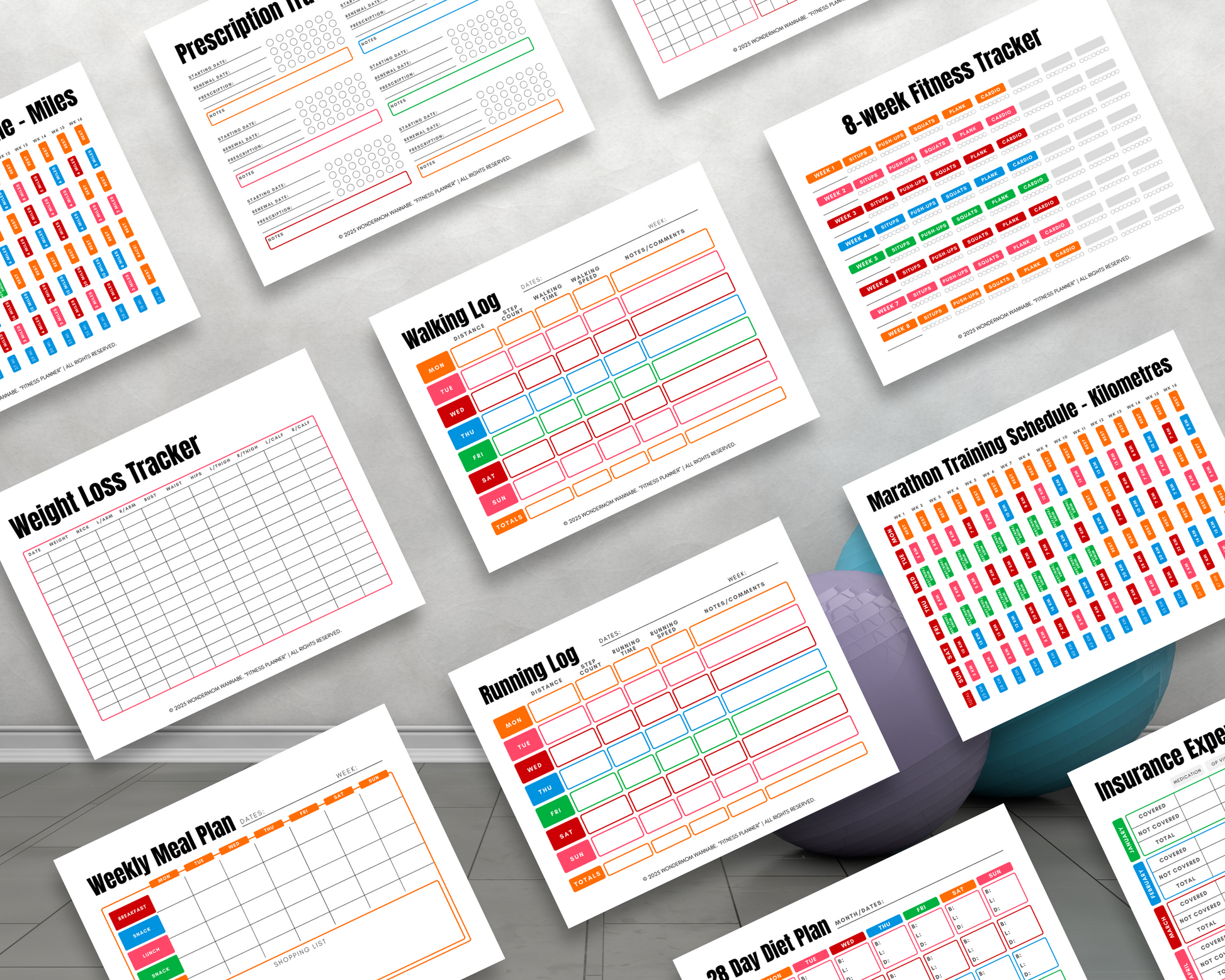 The Ultimate Health & Wellness Planner by Wondermom Shop features colorful fitness and health tracking sheets, including a prescription tracker, habit trackers, meal plans, and exercise logs, all displayed on a gray background.