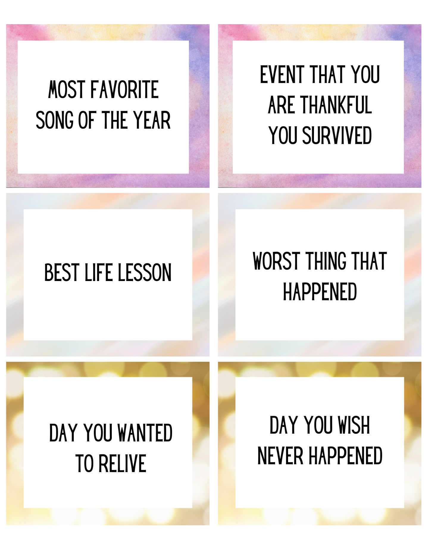 Explore Wondermom Shop's Best and Worst of the Year Card Game. It includes six prompt cards with themes like "Most Favorite Song of the Year" and "Event That You Are Thankful You Survived." Ideal for meaningful New Year's conversations.