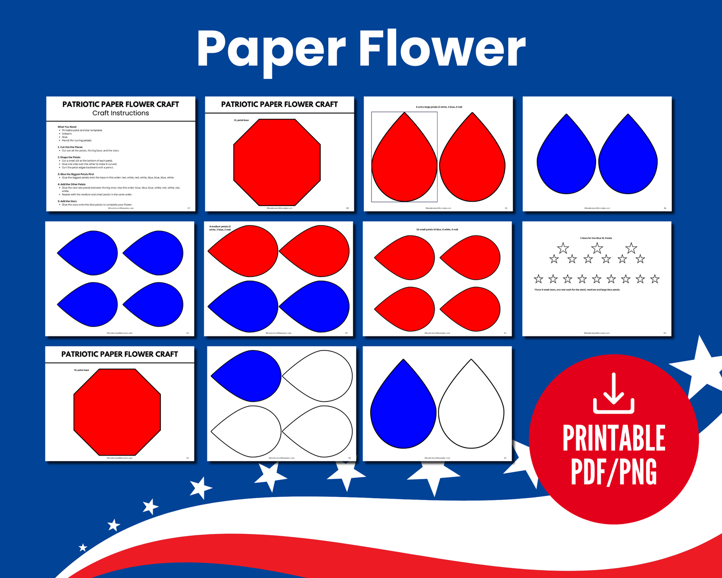 Get a digital preview of "Stars, Stripes & Scissors: 4th of July Crafts for Kids" by Wondermom Shop—a 12-page printable PDF/PNG kit with red and blue petal templates, star outlines, and instructions for patriotic projects. Perfect for Independence Day!.
