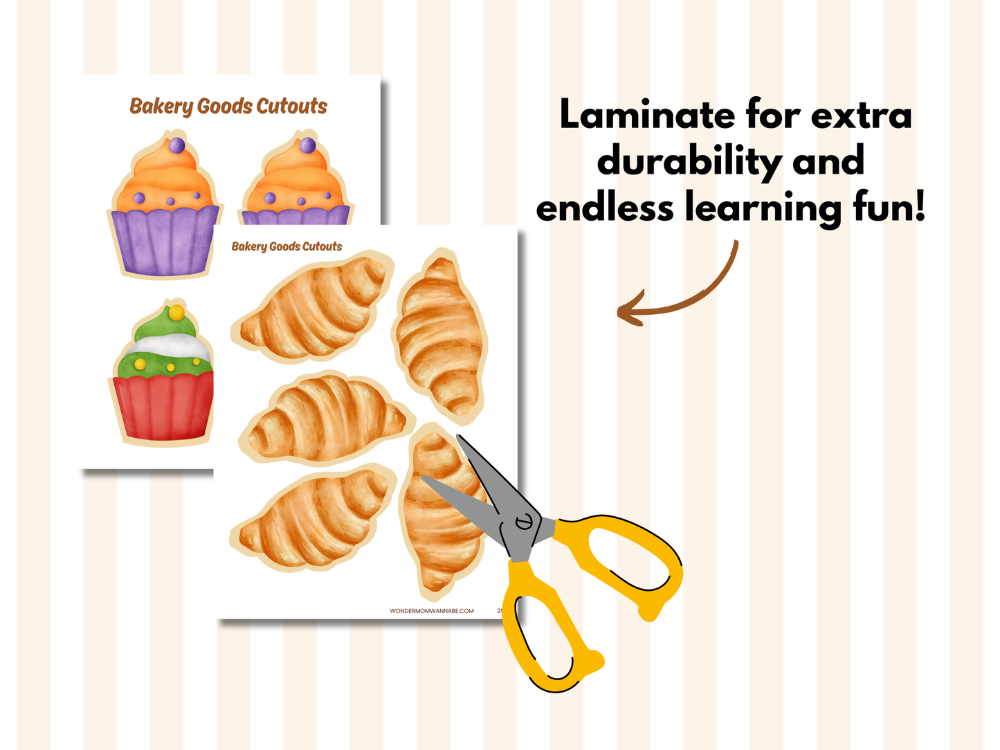 Printable bakery goods cutouts including cupcakes and croissants with scissors graphic and note about laminating for durability.