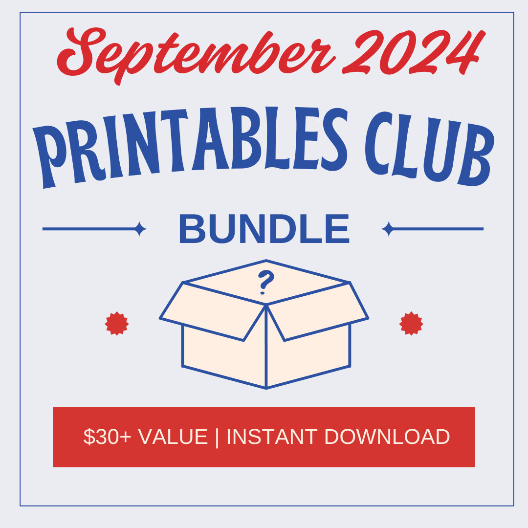 Graphic for Wondermom Shop’s “September 2024 Printables Club Bundle” shows a closed box and note: “$30+ value | Instant download.” Includes seasonal printables like a back-to-school routine planner.