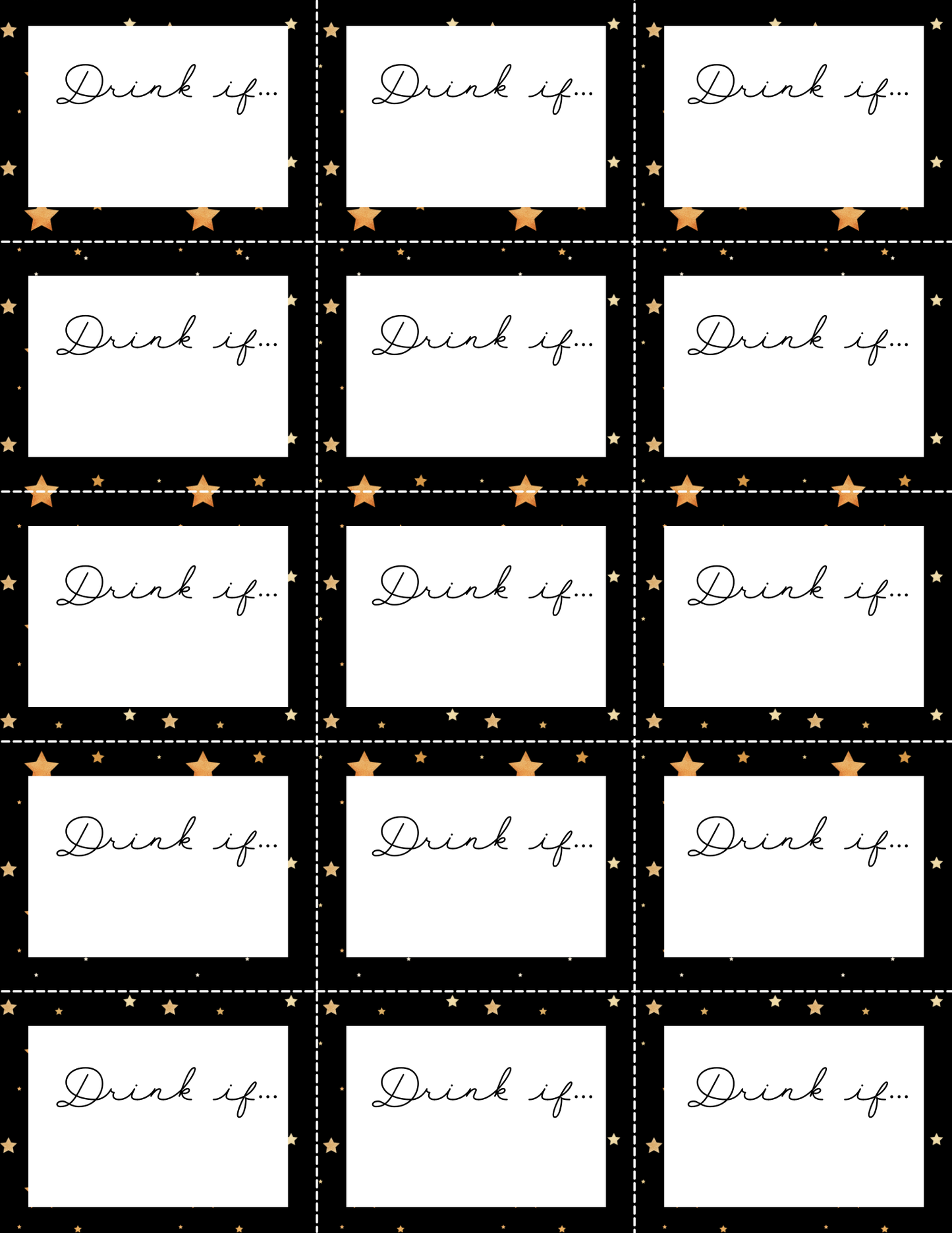 The New Year Drink If Game by Wondermom Printables features 15 blank cards with a starry border on black, ideal for adding fun to your celebration.