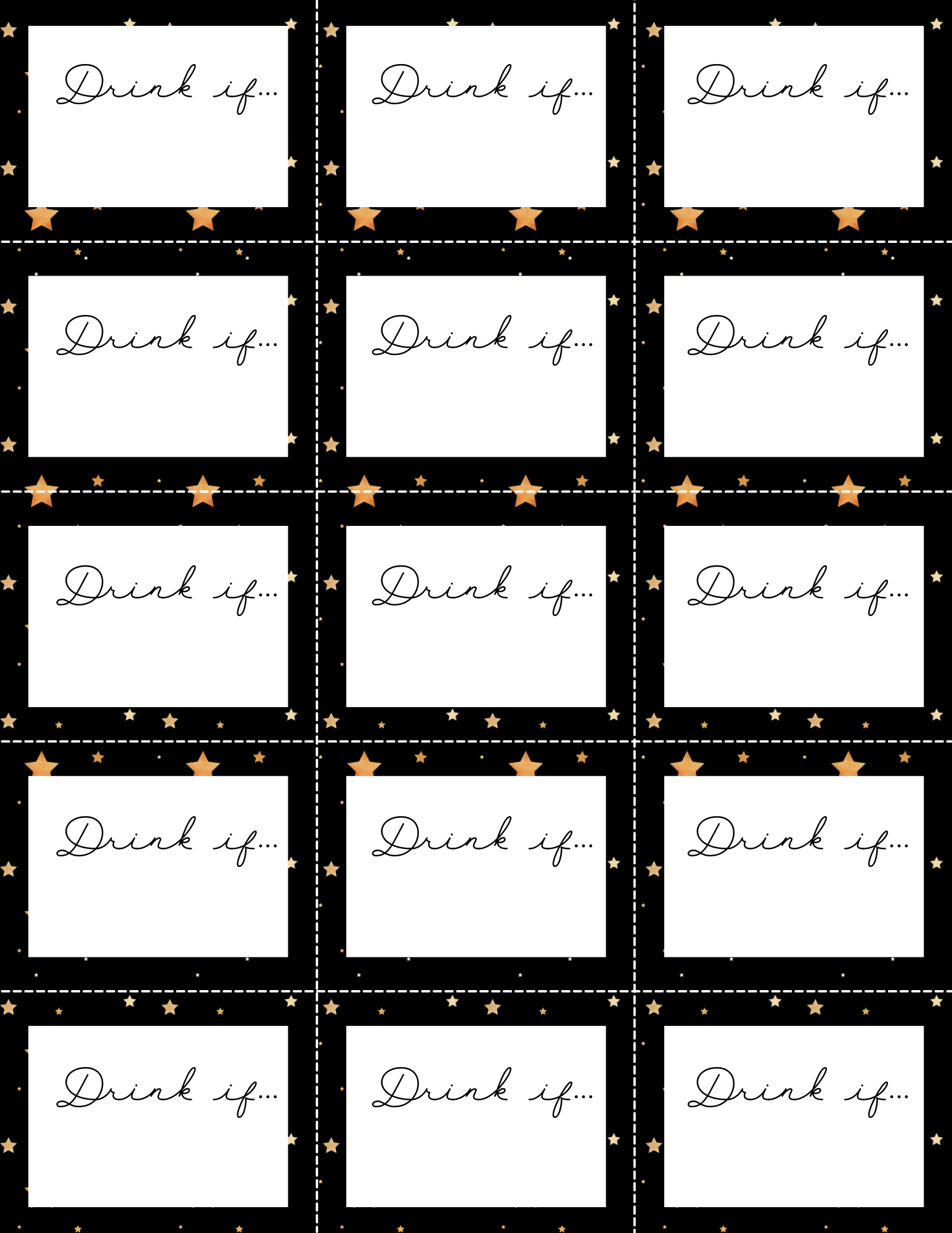 The New Year Drink If Game by Wondermom Printables features 15 blank cards with a starry border on black, ideal for adding fun to your celebration.