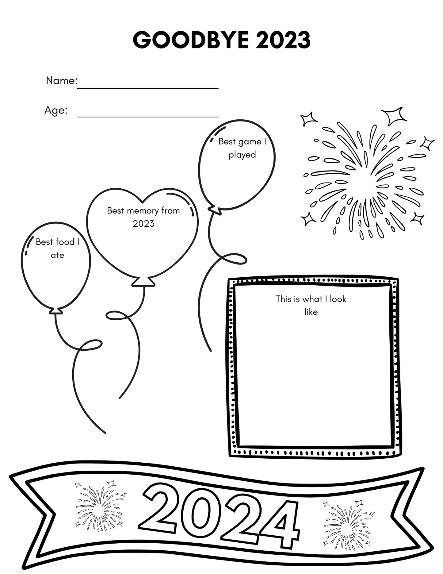 The Wondermom Shop Kid’s New Year’s Eve Pack includes a farewell 2023 activity sheet for name, age, best memory, favorite food, and game. It comes with balloons, fireworks illustrations, photo space, and a 2024 banner for reflection and goal-setting fun.