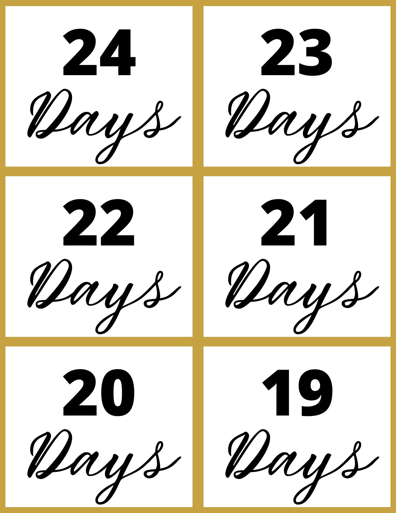 The image showcases a stylish New Year Countdown Kit from Wondermom Shop, featuring numbers 24 to 19 in elegant black cursive text across two vertical columns. Each number is framed with a gold border, making it perfect for your countdown needs.