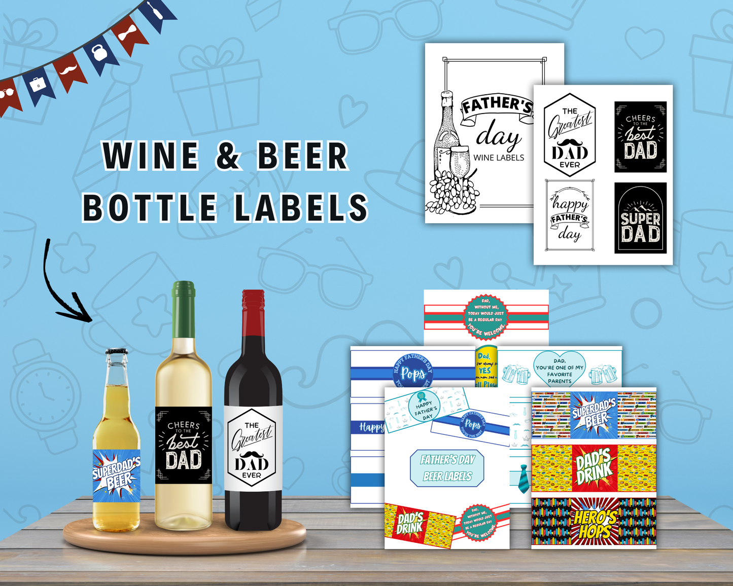 Wondermom Shop’s Ultimate Father’s Day Printable Bundle features wine and beer bottle labels with festive designs—perfect as a keepsake gift or to enhance your celebrations.