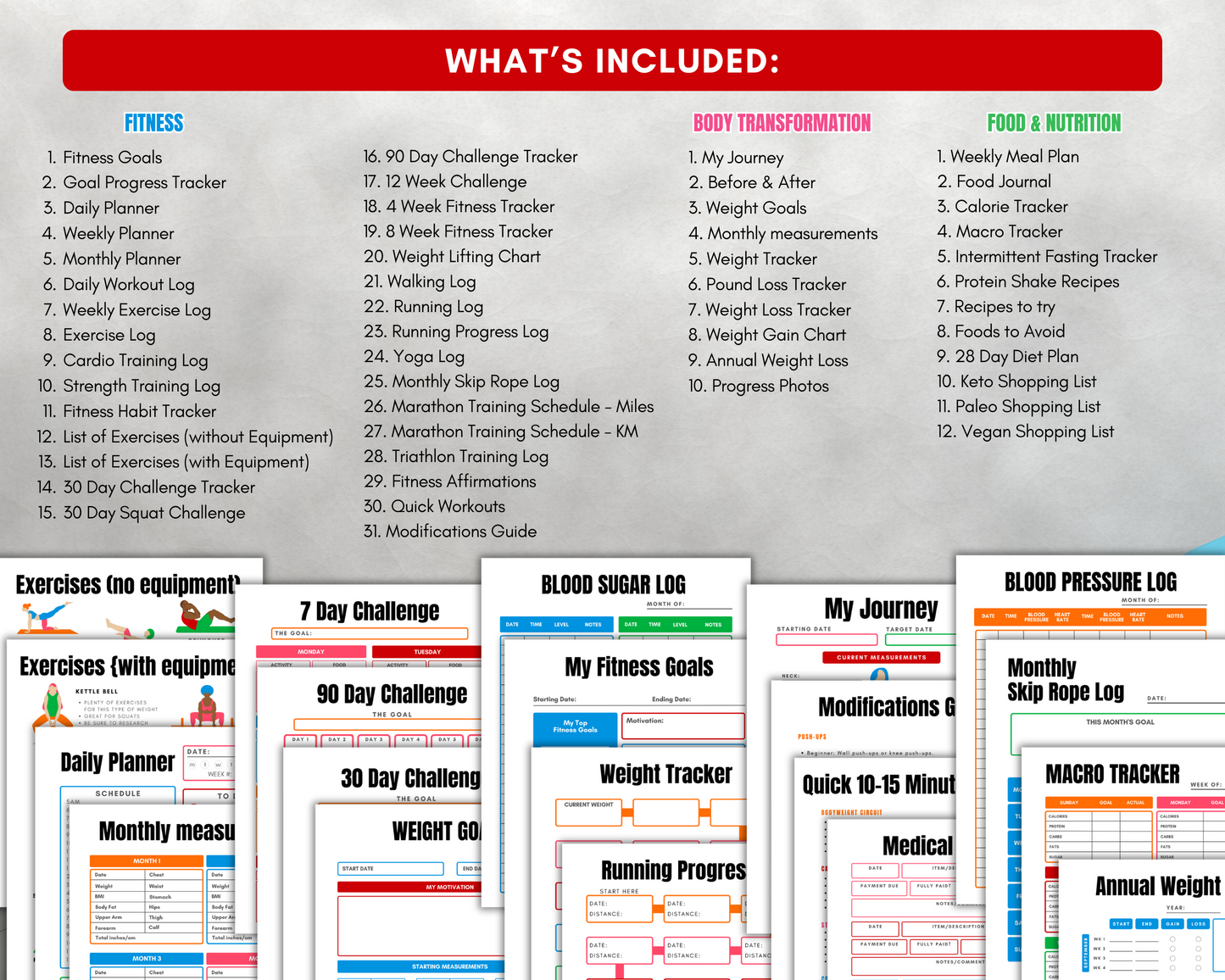 The Ultimate Health & Wellness Planner by Wondermom Shop offers a range of printables, including habit and progress trackers, challenge sheets, logs, and a detailed meal planning menu.